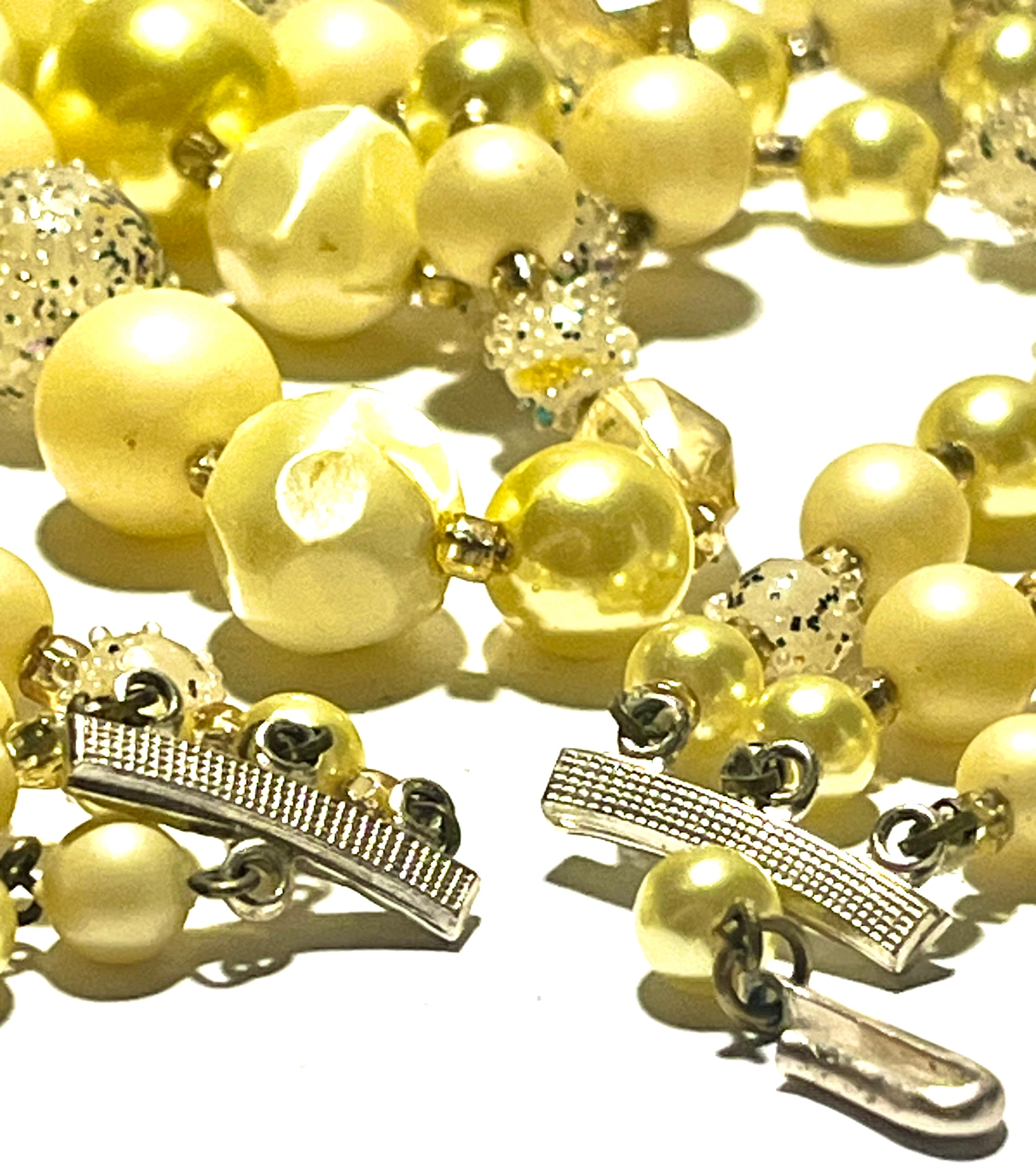 Vintage Japan Multi Strand Faux Pearl Necklace Yellow Cream Beaded Retro Statement Jewelry