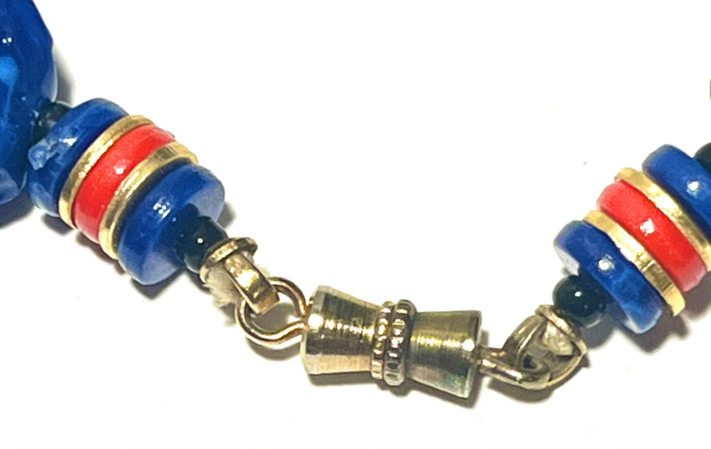 Vintage Cobalt Blue Chunky Bead Necklace Red Accent Lucite Resin Statement Jewelry