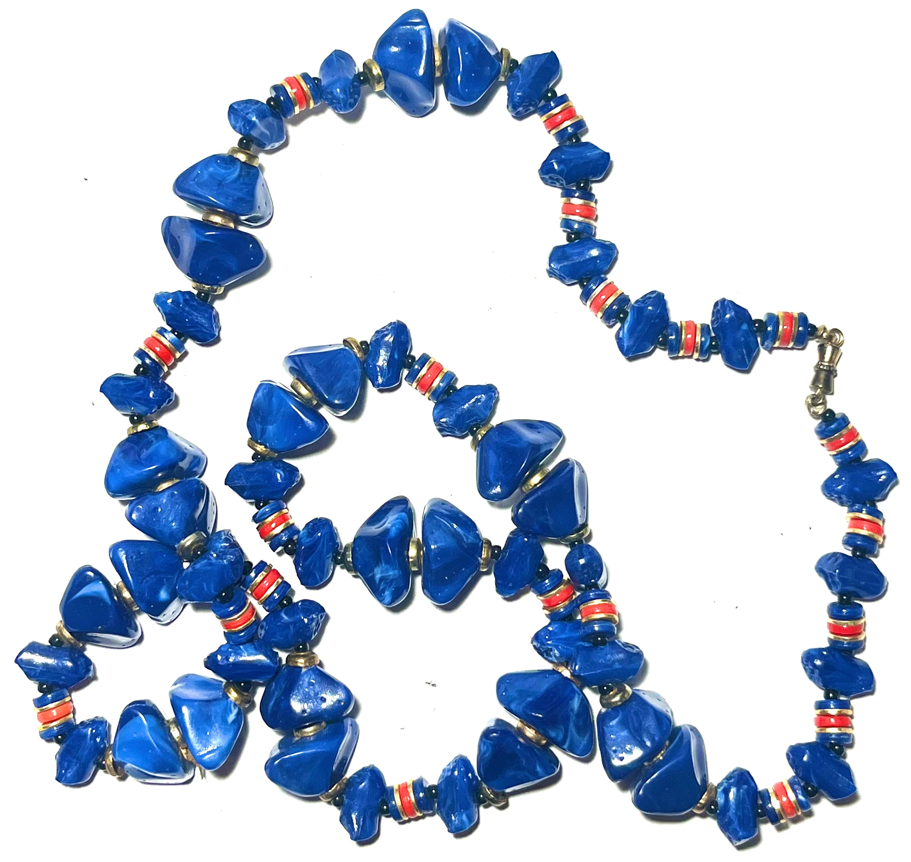 Vintage Cobalt Blue Chunky Bead Necklace Red Accent Lucite Resin Statement Jewelry