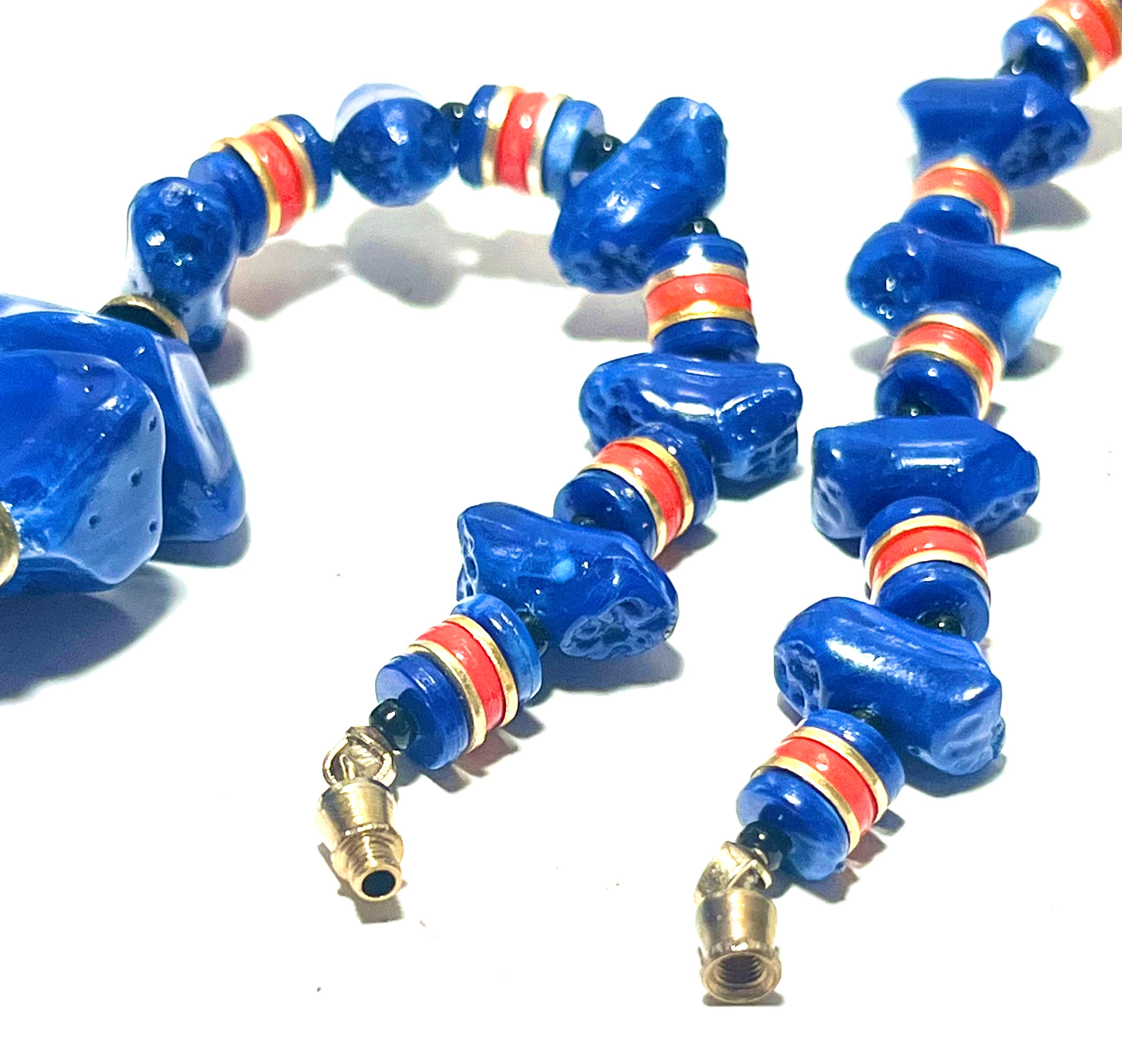 Vintage Cobalt Blue Chunky Bead Necklace Red Accent Lucite Resin Statement Jewelry