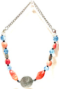 Vintage Artisan Statement Necklace Orange Lucite Blue Crystal Beads Silver Tone Pendant