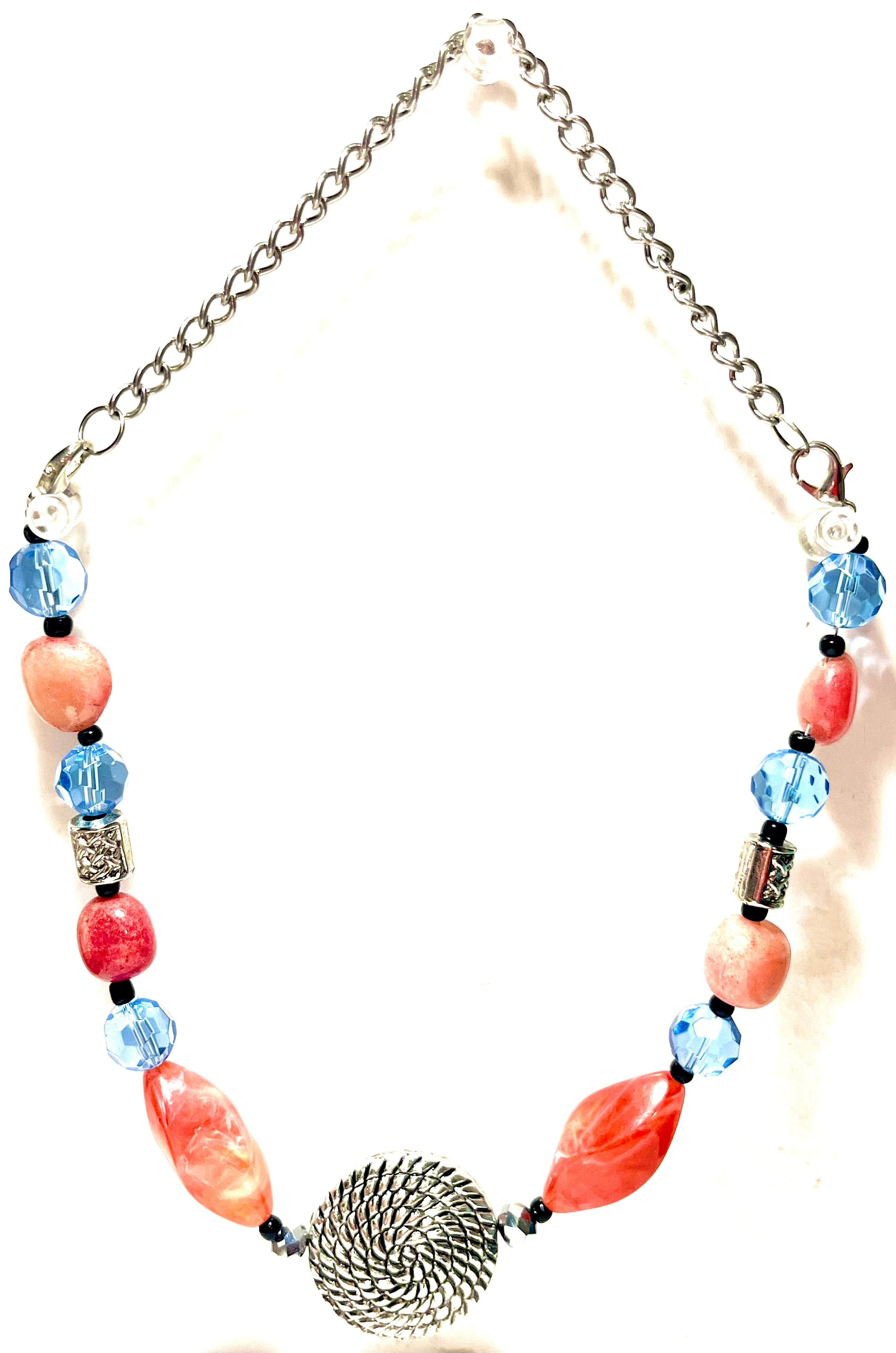 Vintage Artisan Statement Necklace Orange Lucite Blue Crystal Beads Silver Tone Pendant