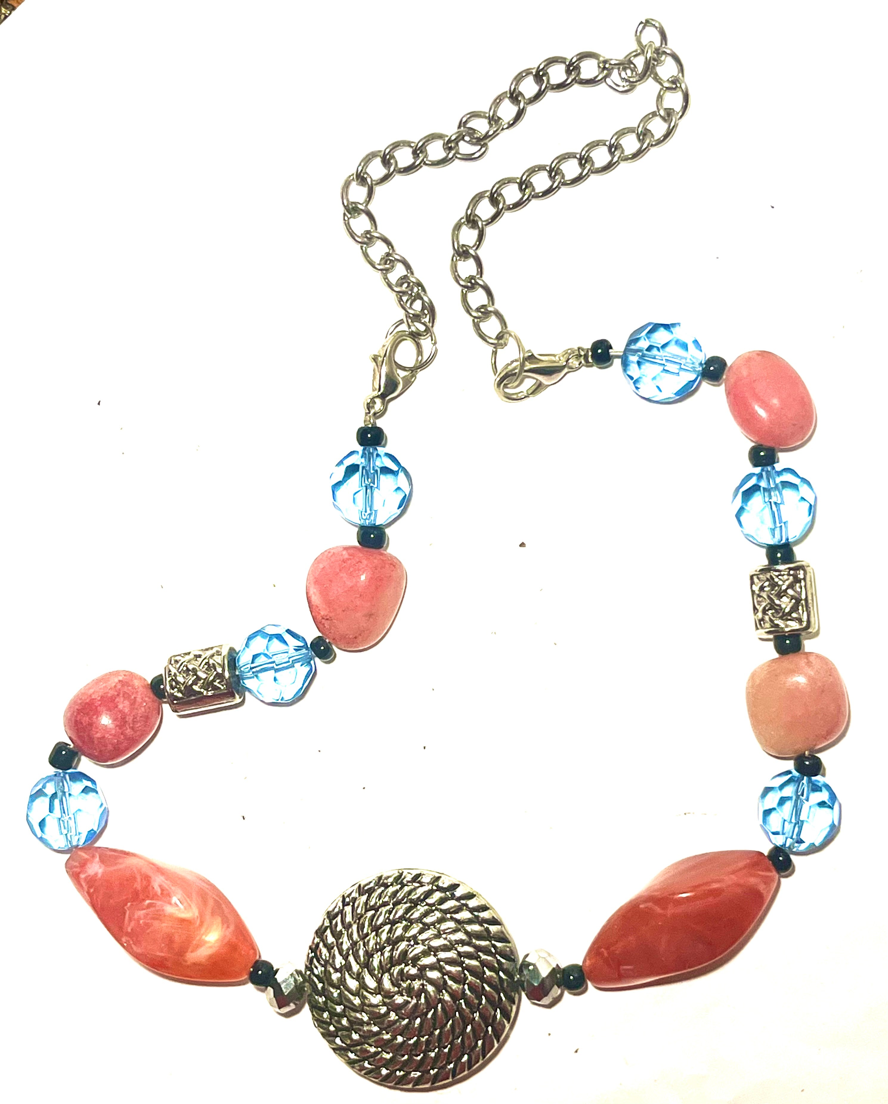 Vintage Artisan Statement Necklace Orange Lucite Blue Crystal Beads Silver Tone Pendant