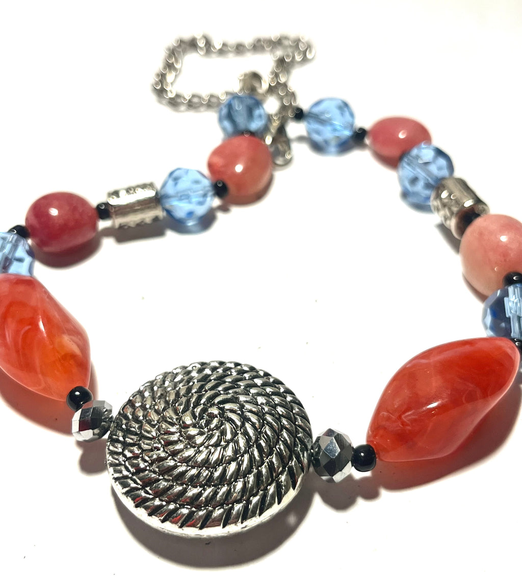 Vintage Artisan Statement Necklace Orange Lucite Blue Crystal Beads Silver Tone Pendant
