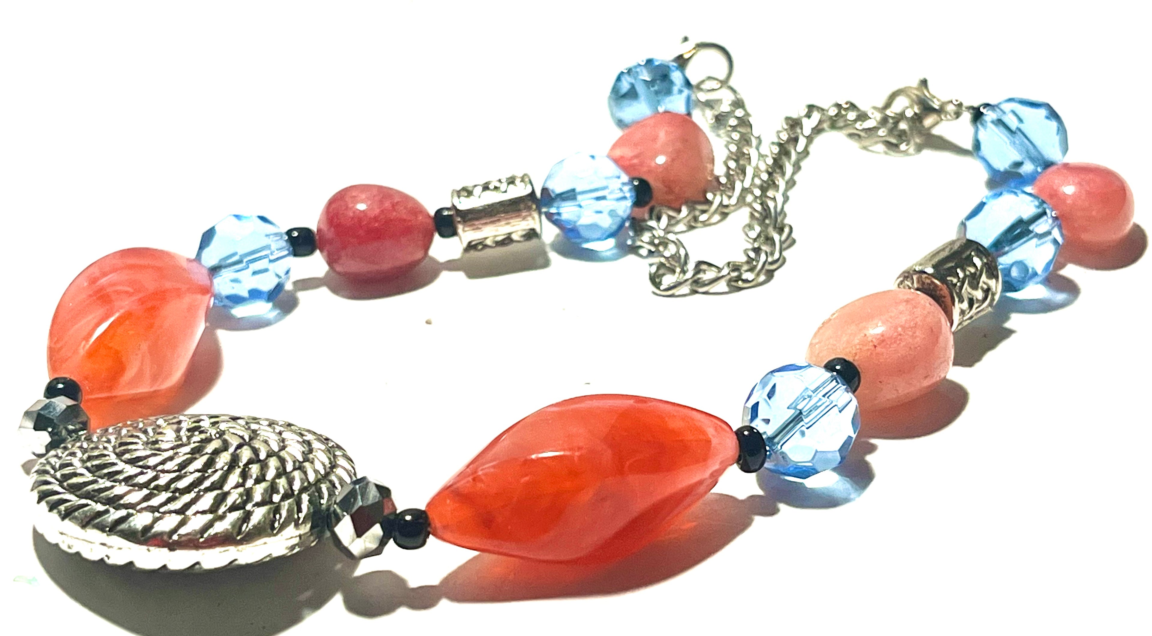 Vintage Artisan Statement Necklace Orange Lucite Blue Crystal Beads Silver Tone Pendant