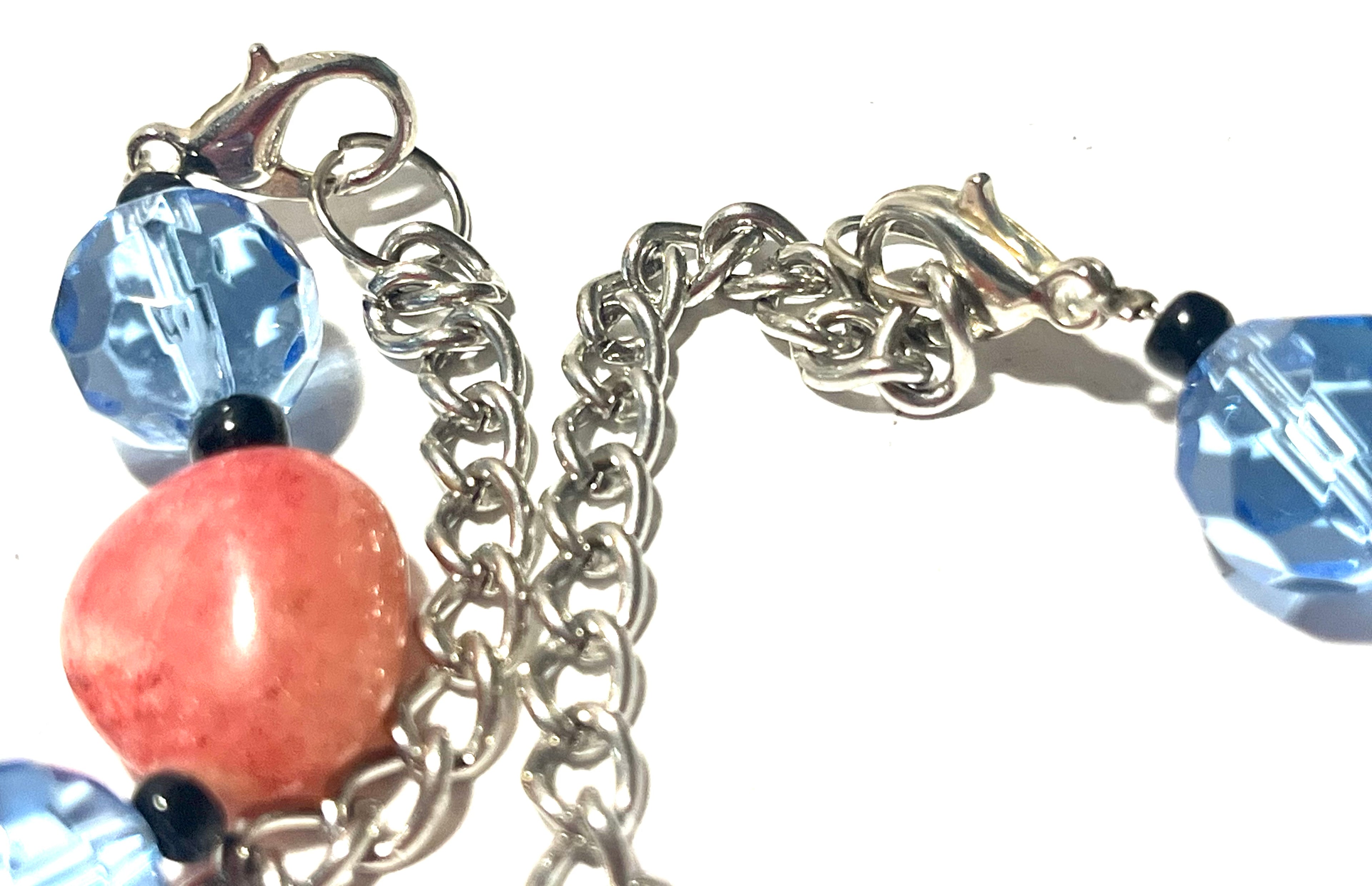 Vintage Artisan Statement Necklace Orange Lucite Blue Crystal Beads Silver Tone Pendant
