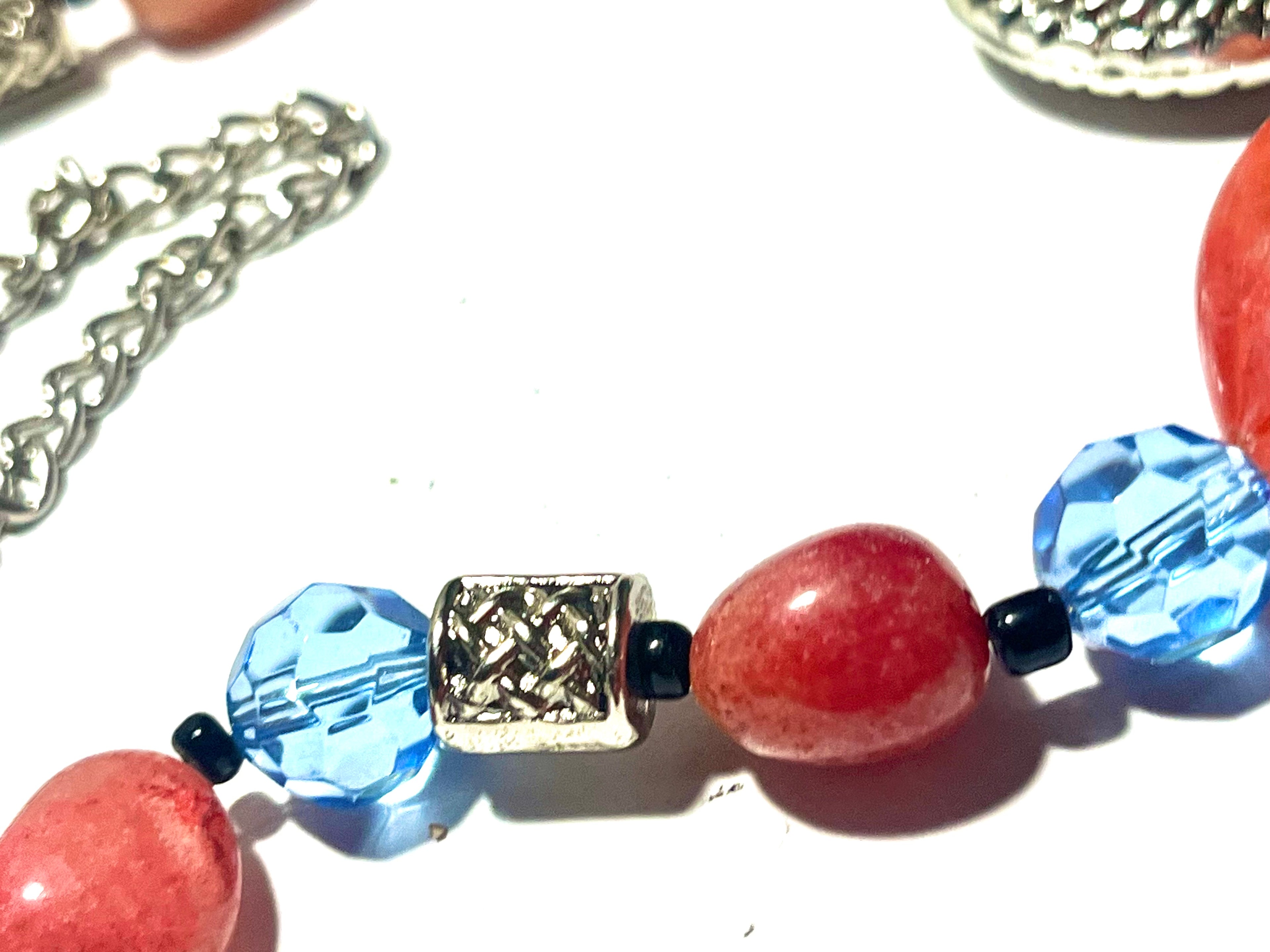 Vintage Artisan Statement Necklace Orange Lucite Blue Crystal Beads Silver Tone Pendant