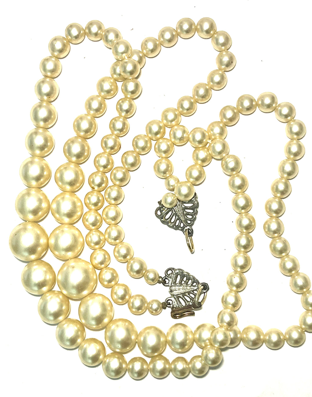 Vintage Double Strand Faux Pearl Necklace Graduated Ivory Beads Silver Tone Clas
