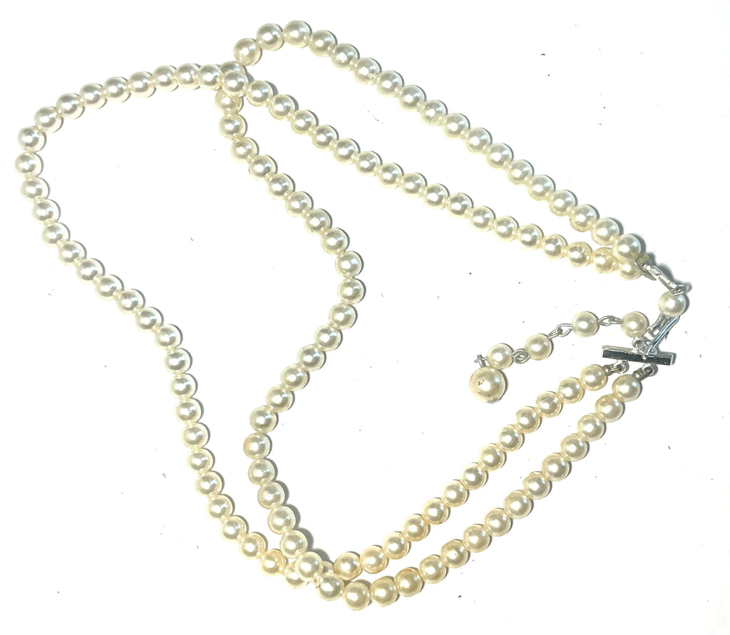 “Vintage Japan Double Strand Faux Pearl Necklace Adjustable Extender Mid Centur