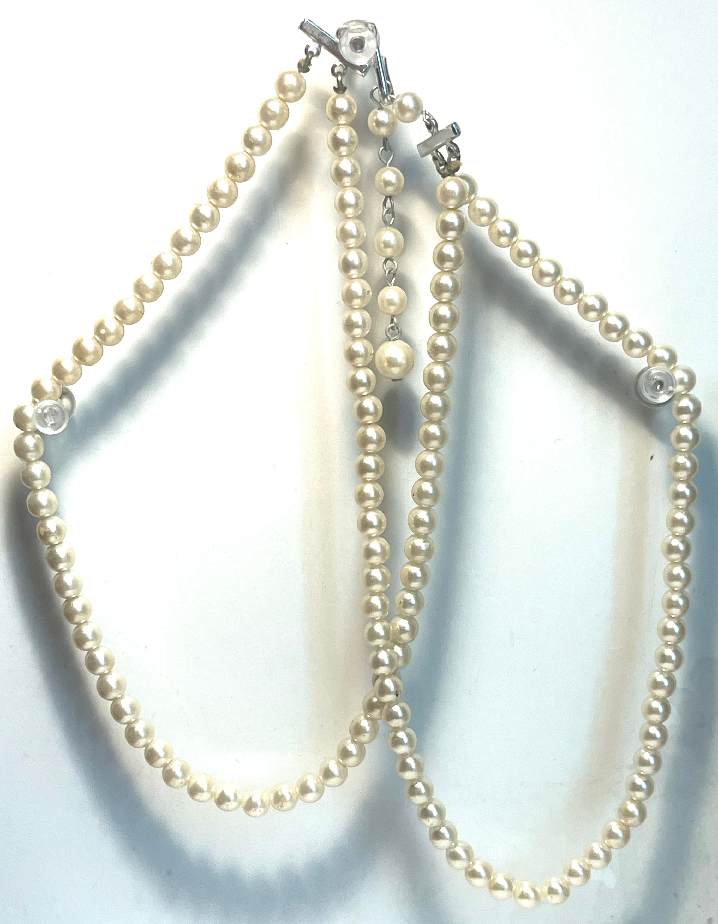 “Vintage Japan Double Strand Faux Pearl Necklace Adjustable Extender Mid Centur