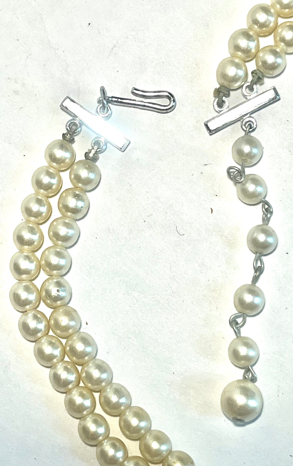 “Vintage Japan Double Strand Faux Pearl Necklace Adjustable Extender Mid Centur