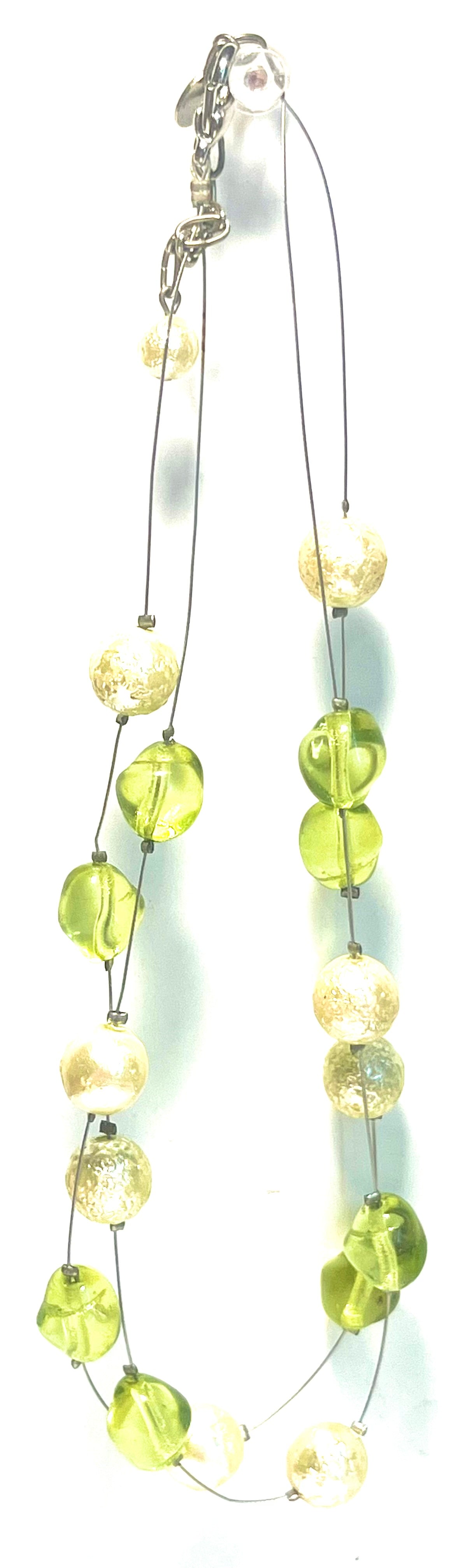 TopFrog Green Glass & Faux Pearl Floating Wire Necklace – Modern Layered Bead Necklace