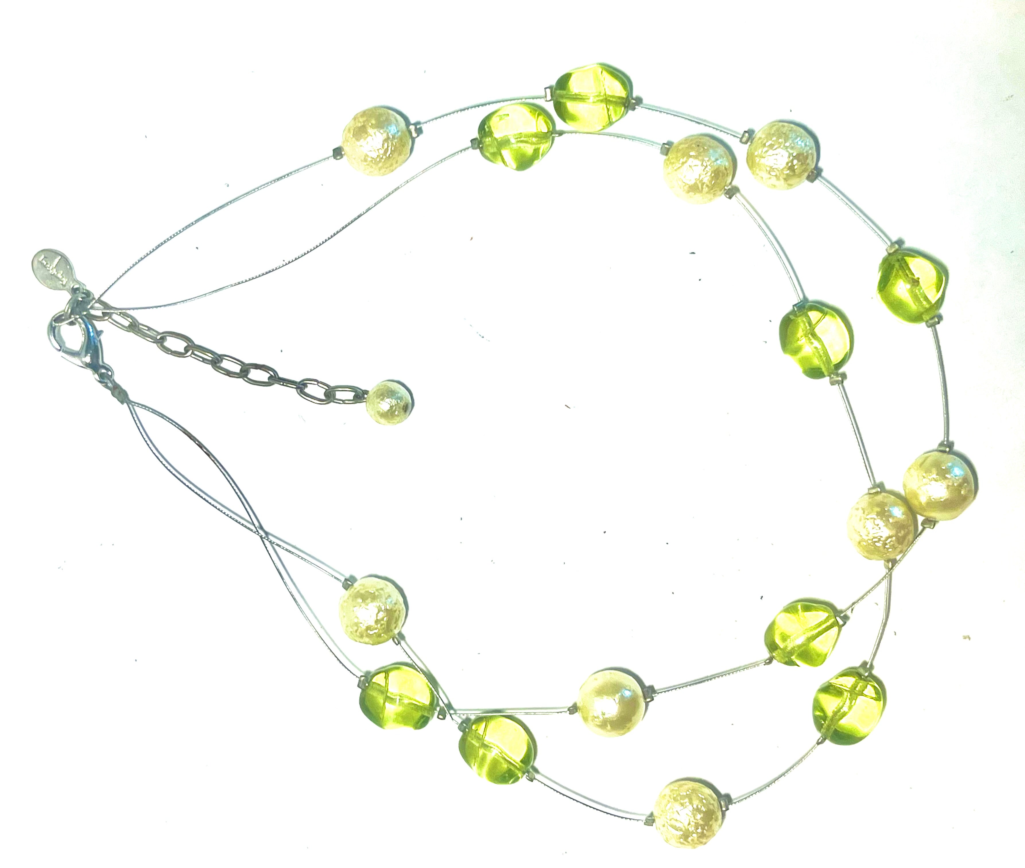TopFrog Green Glass & Faux Pearl Floating Wire Necklace – Modern Layered Bead Necklace