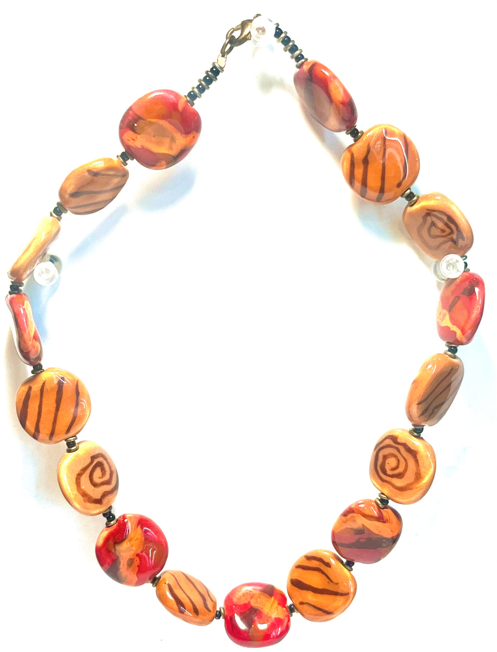 Chunky Artisan Polymer Clay Bead Necklace – Earth Tone Tribal Boho Statement Necklace
