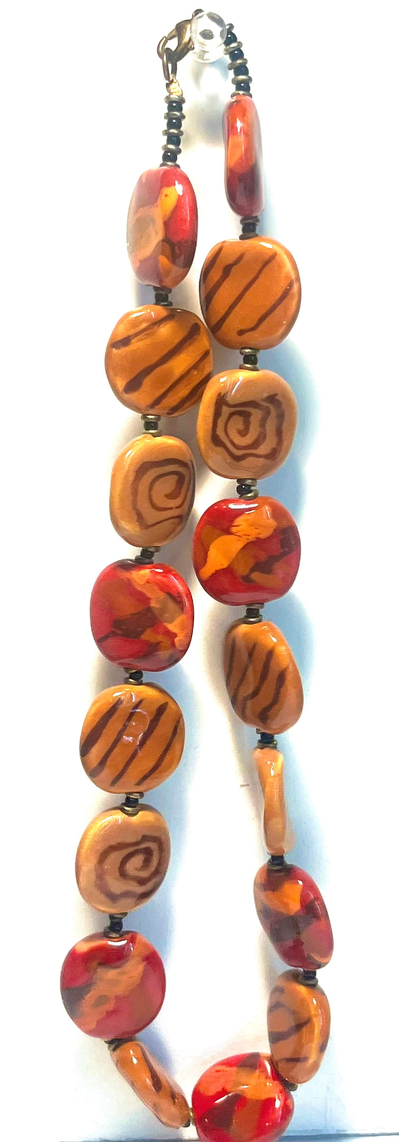 Chunky Artisan Polymer Clay Bead Necklace – Earth Tone Tribal Boho Statement Necklace