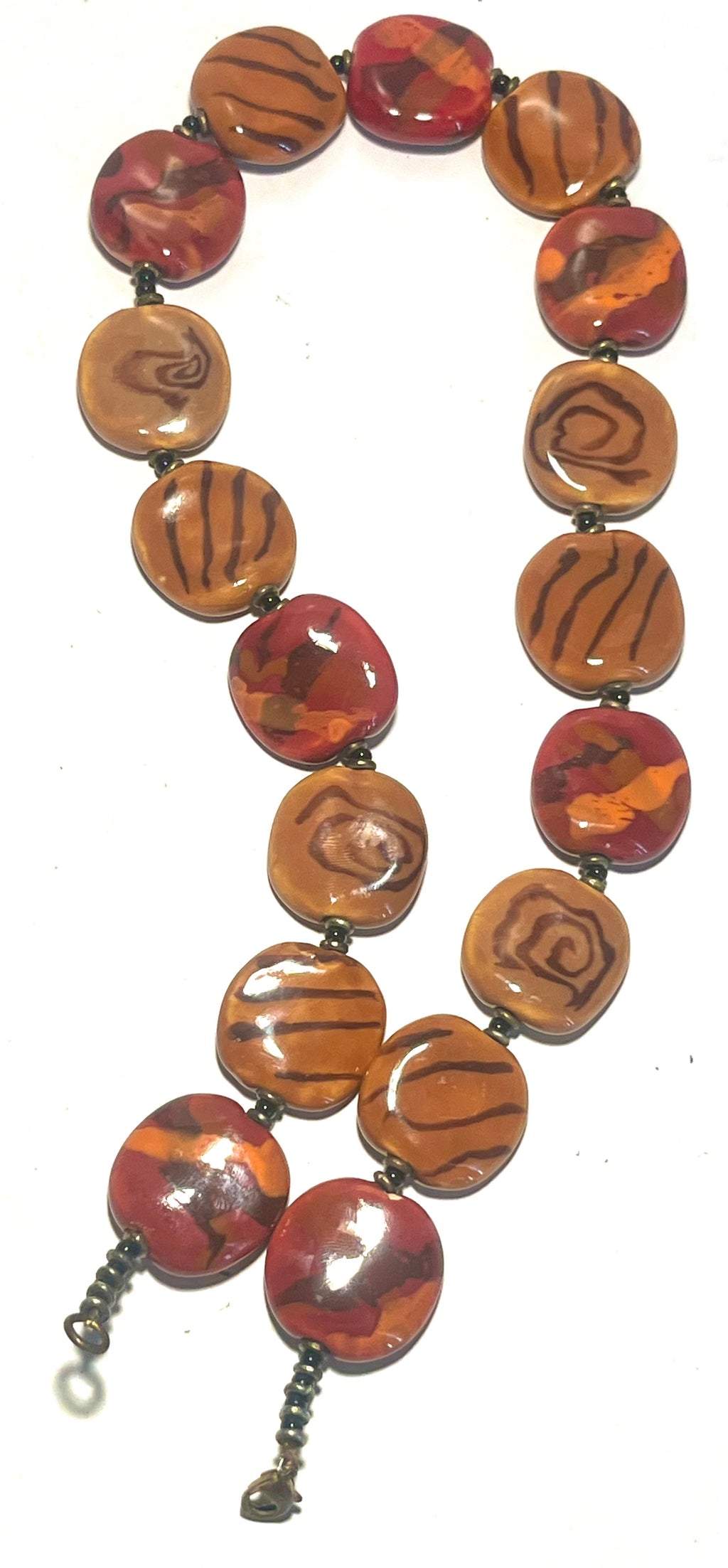 Chunky Artisan Polymer Clay Bead Necklace – Earth Tone Tribal Boho Statement Necklace