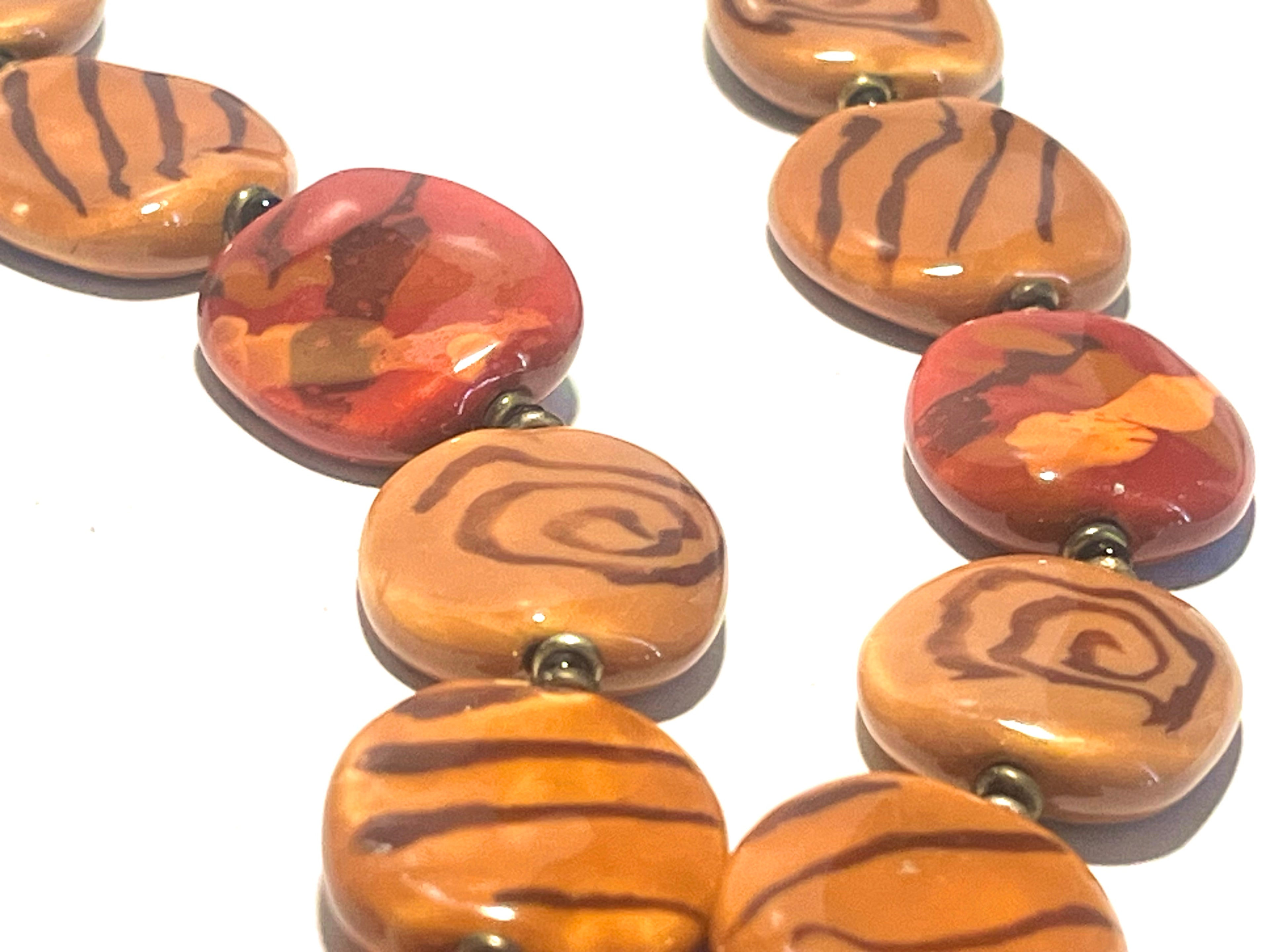 Chunky Artisan Polymer Clay Bead Necklace – Earth Tone Tribal Boho Statement Necklace