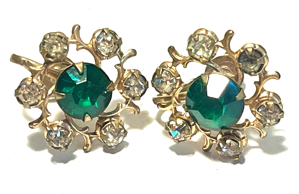 Vintage Green Rhinestone Screwback Earrings Gold Tone Floral Filigree Emerald Glass