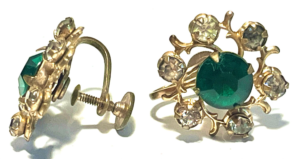 Vintage Green Rhinestone Screwback Earrings Gold Tone Floral Filigree Emerald Glass