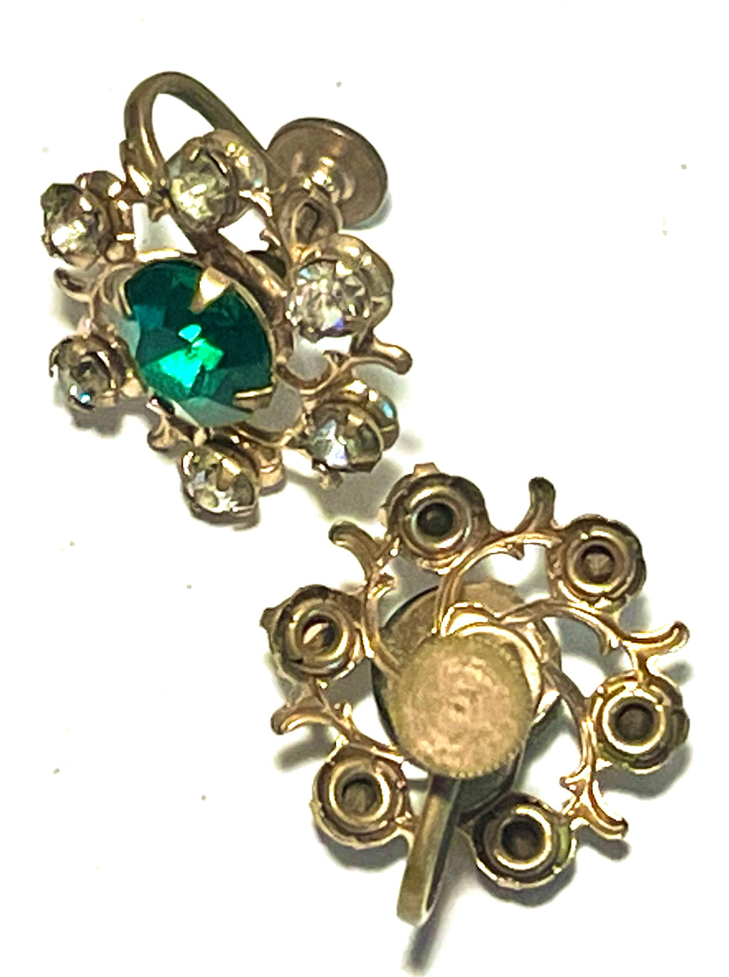 Vintage Green Rhinestone Screwback Earrings Gold Tone Floral Filigree Emerald Glass