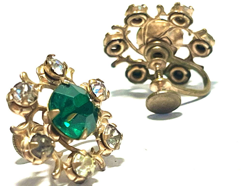 Vintage Green Rhinestone Screwback Earrings Gold Tone Floral Filigree Emerald Glass