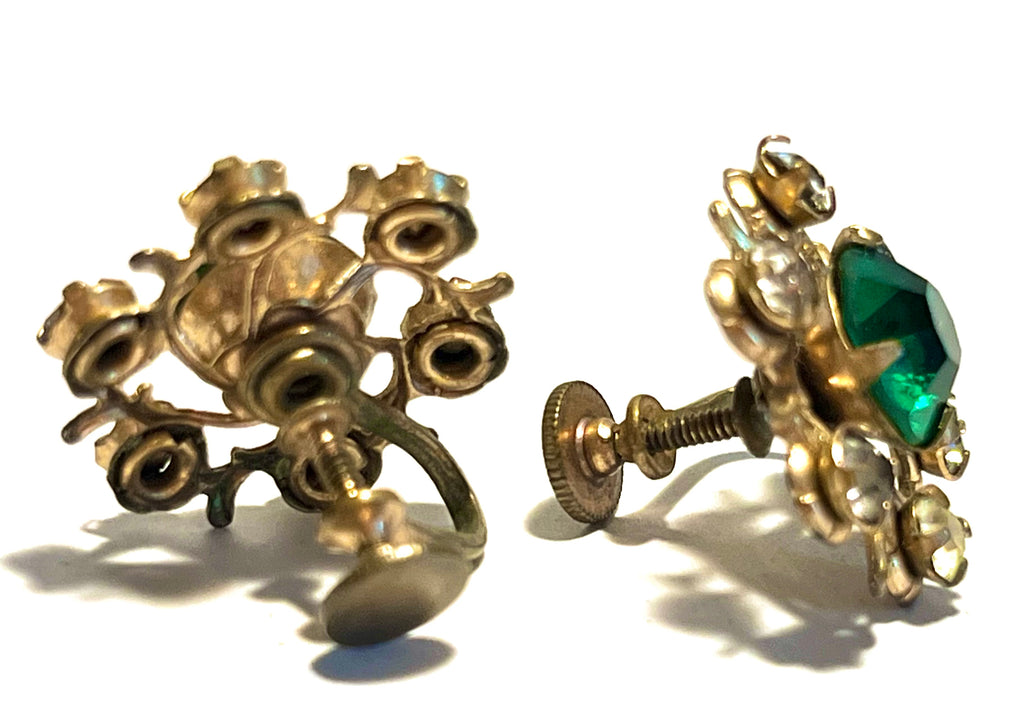 Vintage Green Rhinestone Screwback Earrings Gold Tone Floral Filigree Emerald Glass