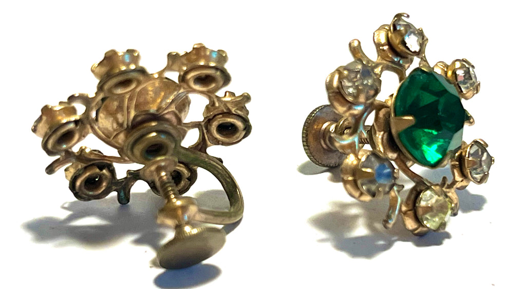 Vintage Green Rhinestone Screwback Earrings Gold Tone Floral Filigree Emerald Glass
