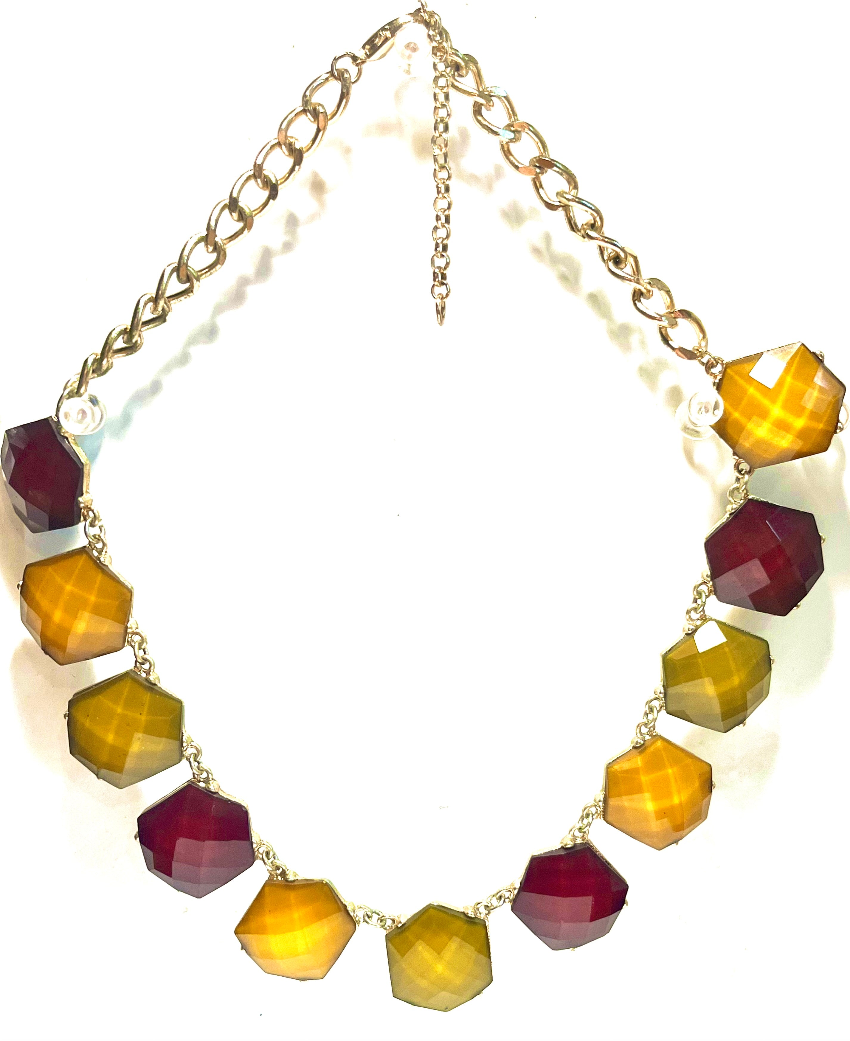 Vintage Geometric Statement Necklace Gold Tone Faceted Acrylic Resin Stones Mustard Burgundy Retro Mod