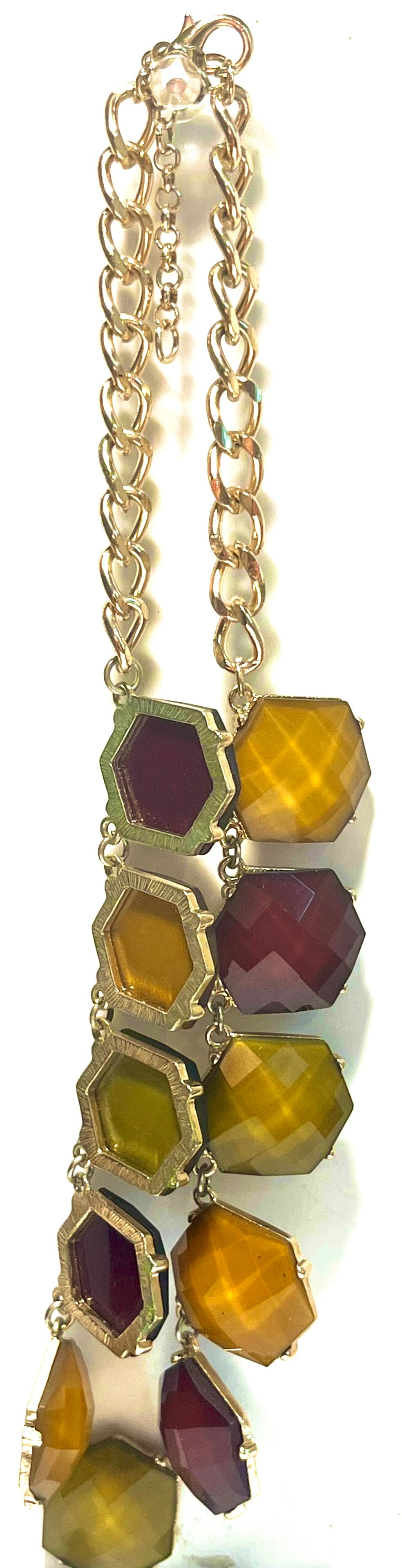 Vintage Geometric Statement Necklace Gold Tone Faceted Acrylic Resin Stones Mustard Burgundy Retro Mod