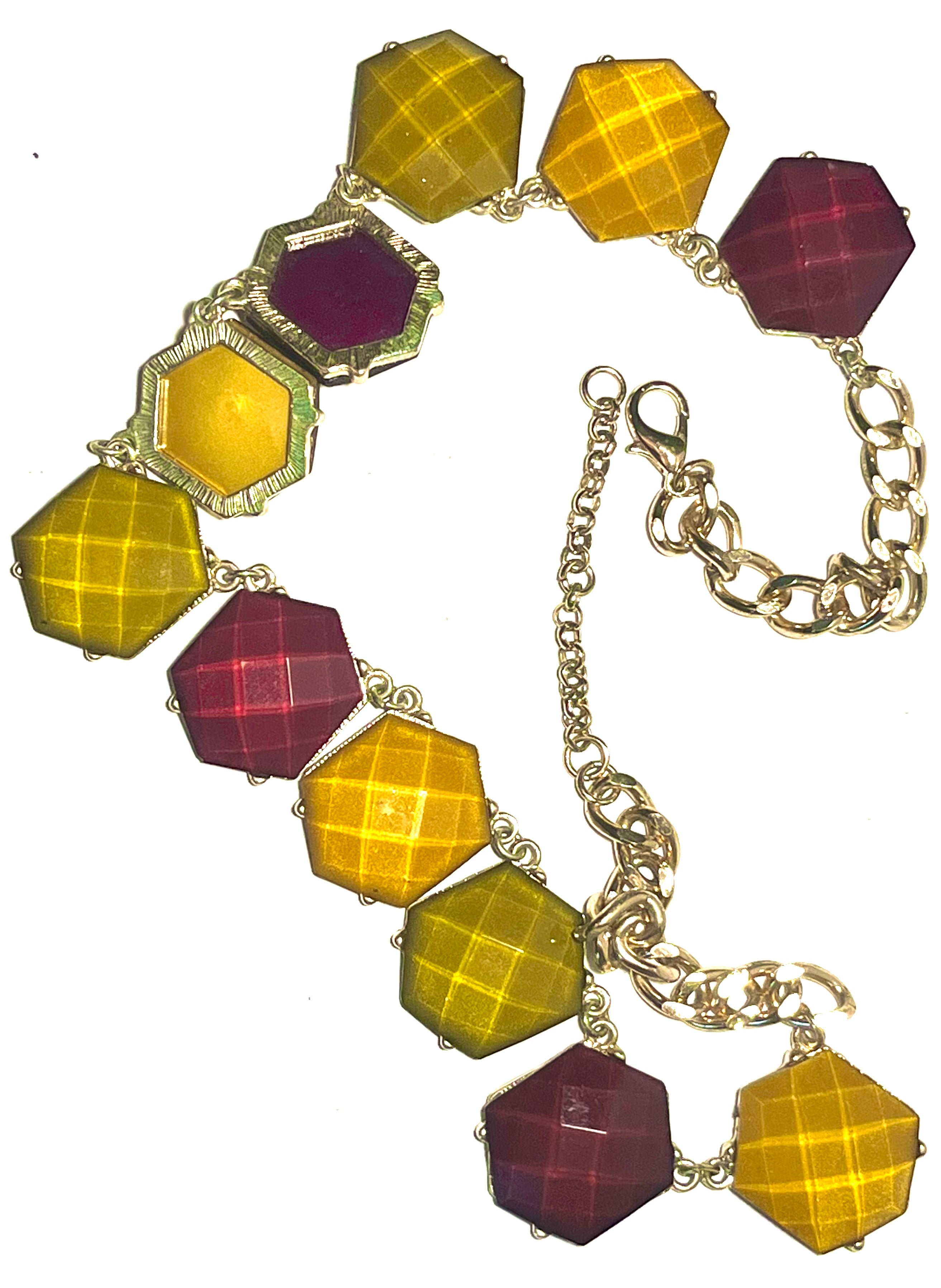 Vintage Geometric Statement Necklace Gold Tone Faceted Acrylic Resin Stones Mustard Burgundy Retro Mod