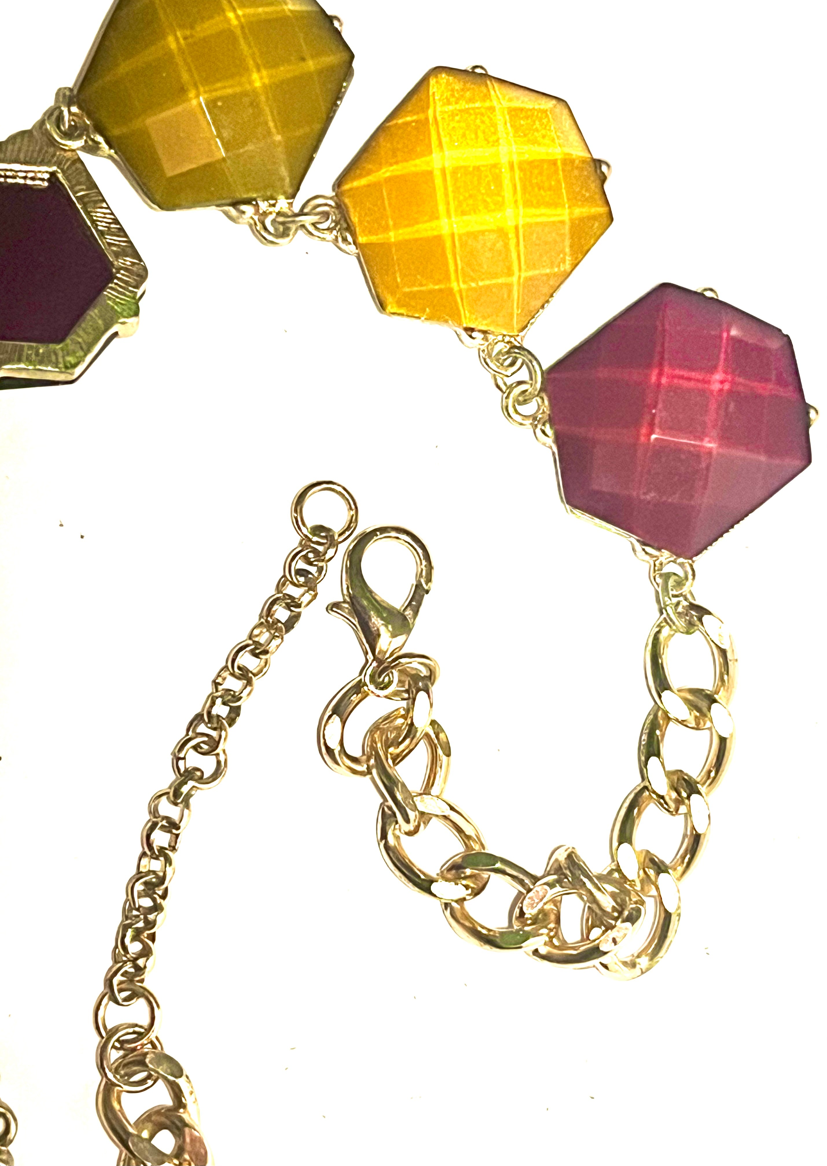 Vintage Geometric Statement Necklace Gold Tone Faceted Acrylic Resin Stones Mustard Burgundy Retro Mod