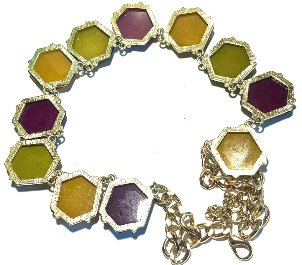 Vintage Geometric Statement Necklace Gold Tone Faceted Acrylic Resin Stones Mustard Burgundy Retro Mod