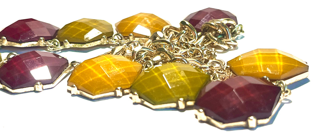 Vintage Geometric Statement Necklace Gold Tone Faceted Acrylic Resin Stones Mustard Burgundy Retro Mod