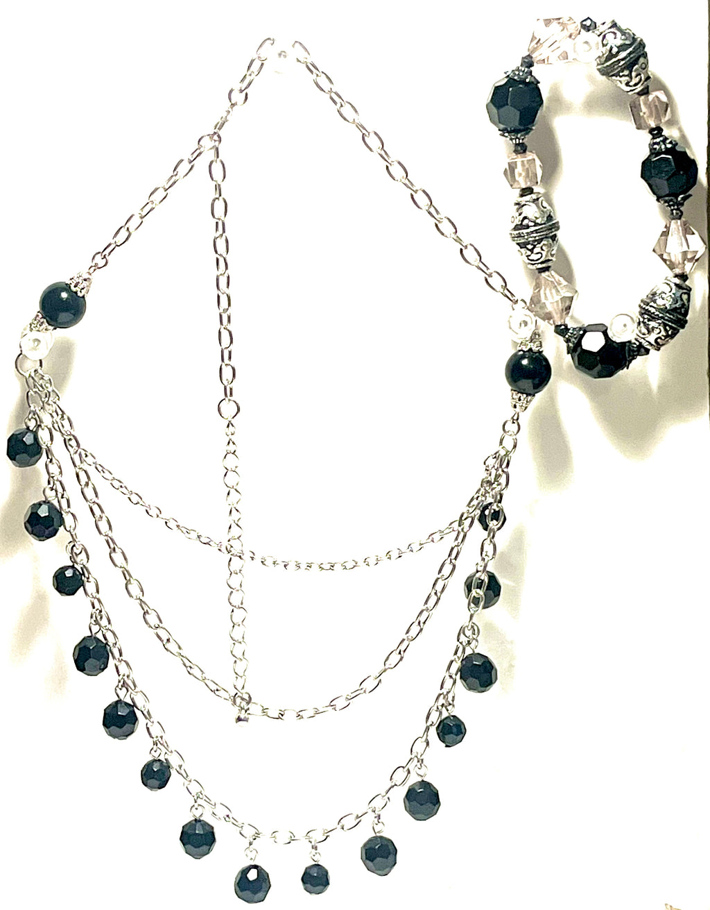 Vintage Black Faceted Bead Necklace & Matching Bracelet Set Silver Tone Multi-Strand Dangle Statement Jewelry