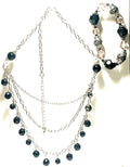 Vintage Black Faceted Bead Necklace & Matching Bracelet Set Silver Tone Multi-Strand Dangle Statement Jewelry