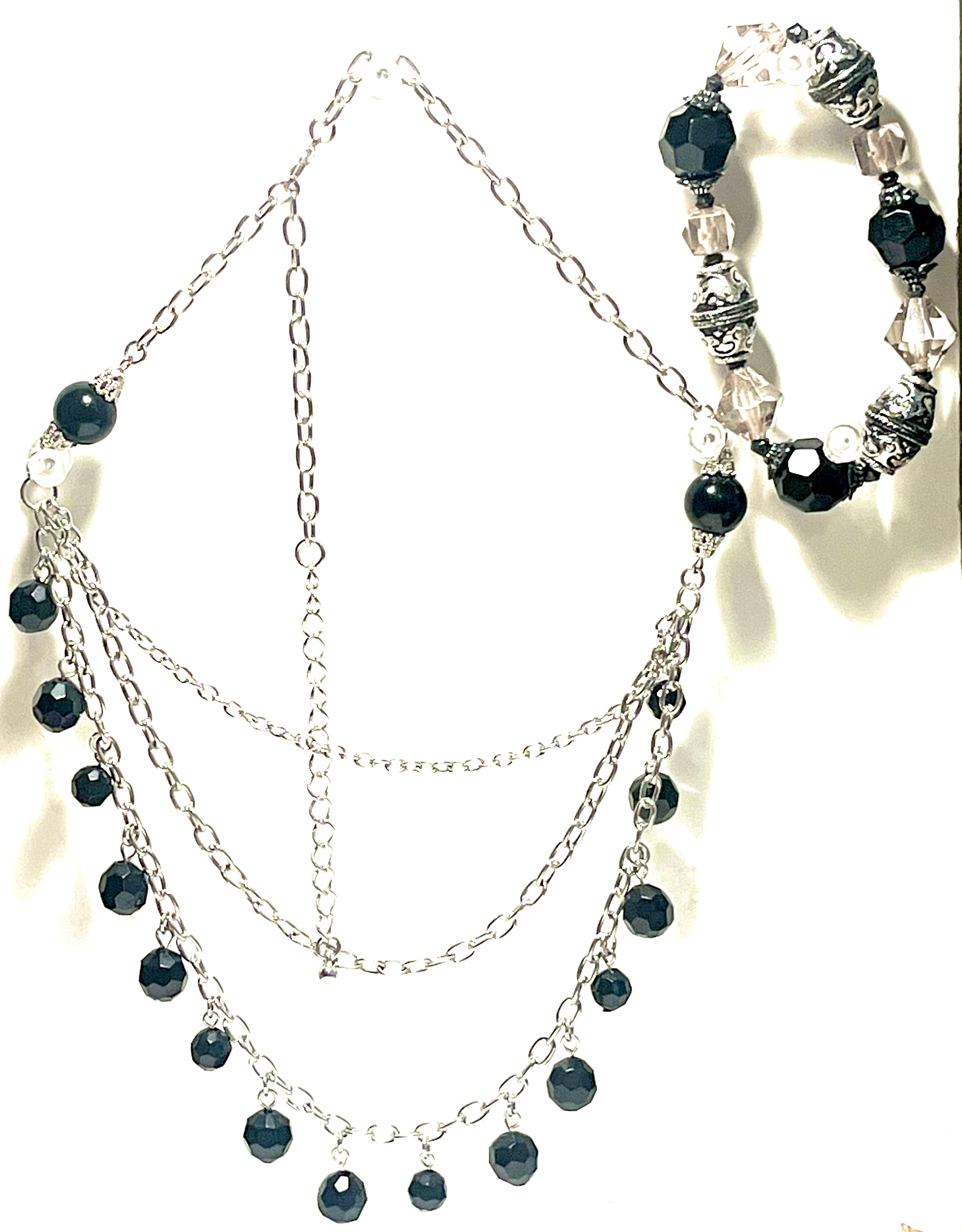 Vintage Black Faceted Bead Necklace & Matching Bracelet Set Silver Tone Multi-Strand Dangle Statement Jewelry