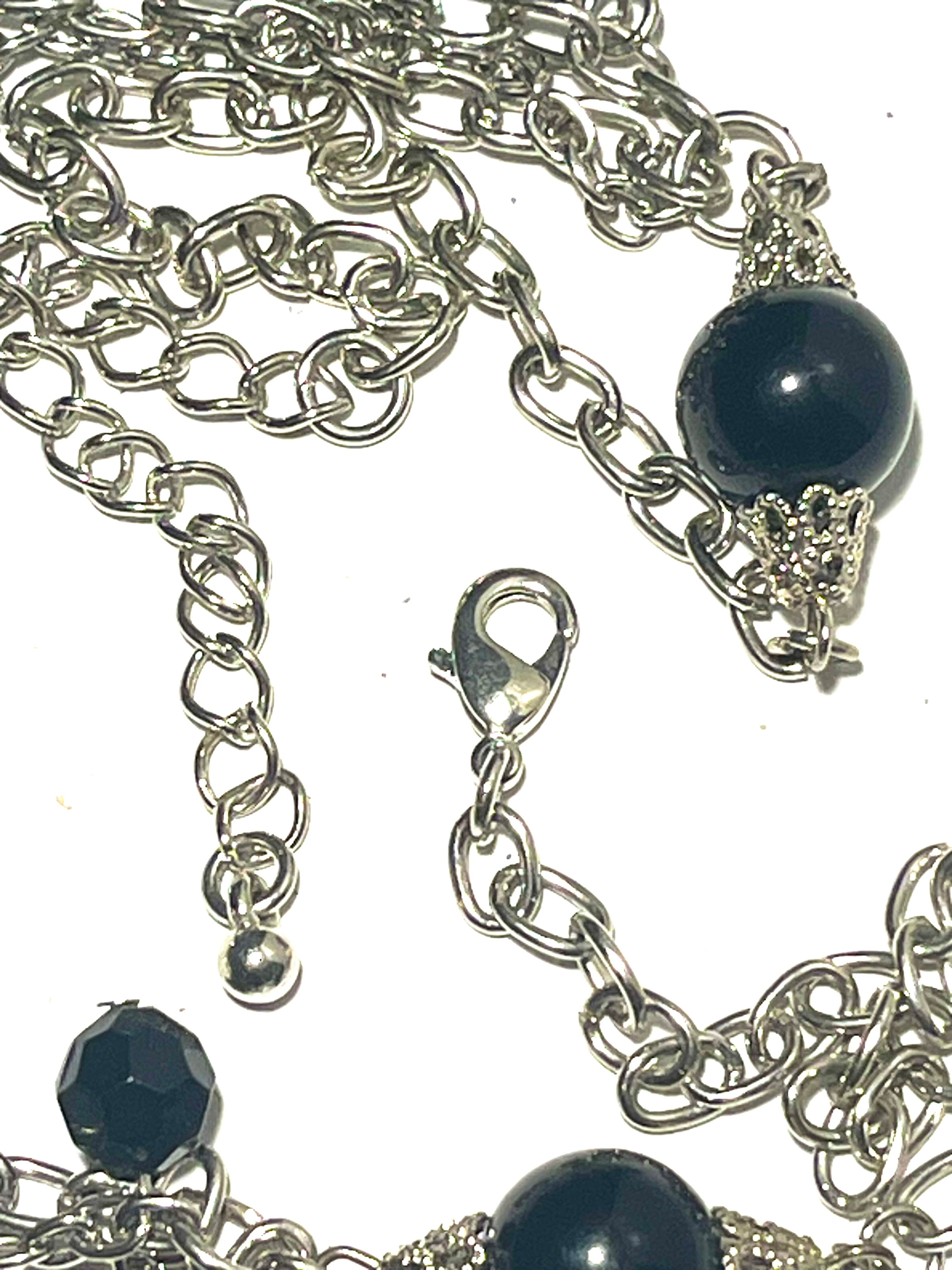 Vintage Black Faceted Bead Necklace & Matching Bracelet Set Silver Tone Multi-Strand Dangle Statement Jewelry