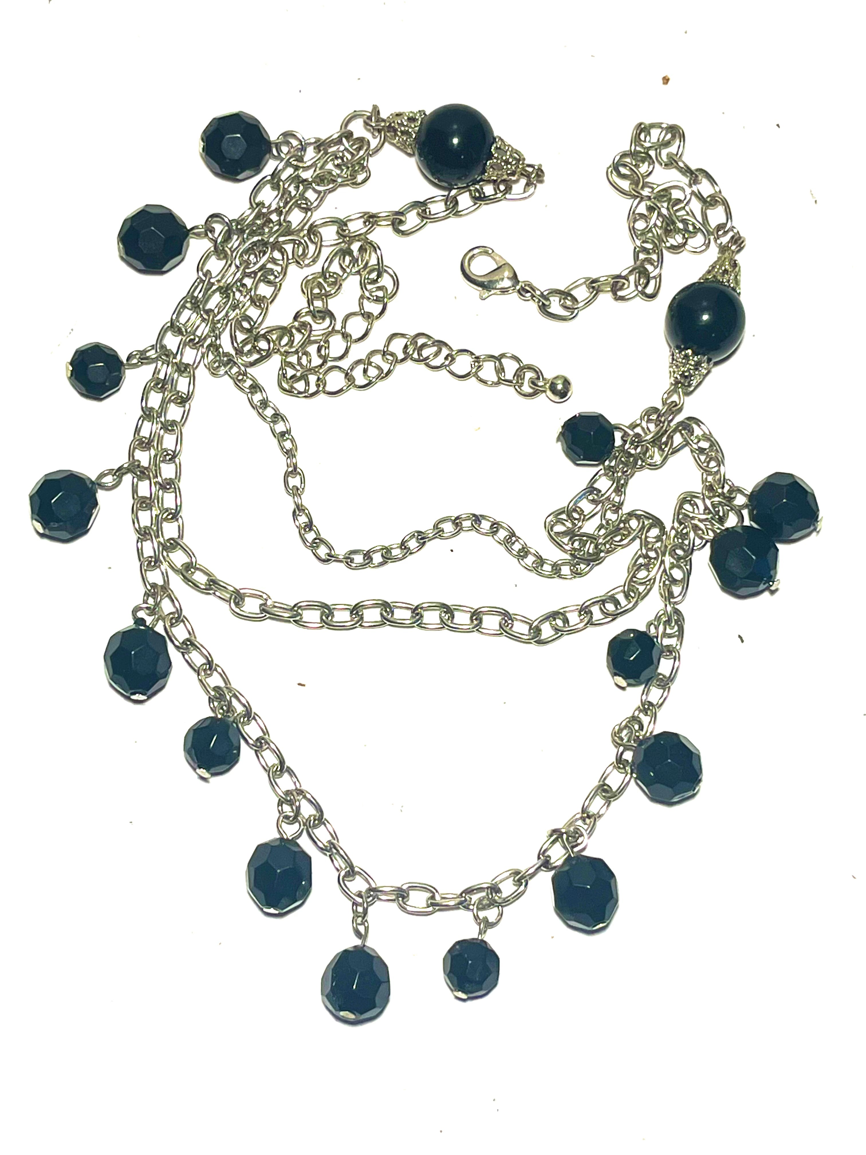 Vintage Black Faceted Bead Necklace & Matching Bracelet Set Silver Tone Multi-Strand Dangle Statement Jewelry