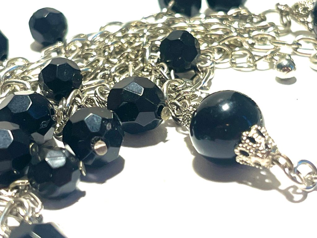 Vintage Black Faceted Bead Necklace & Matching Bracelet Set Silver Tone Multi-Strand Dangle Statement Jewelry