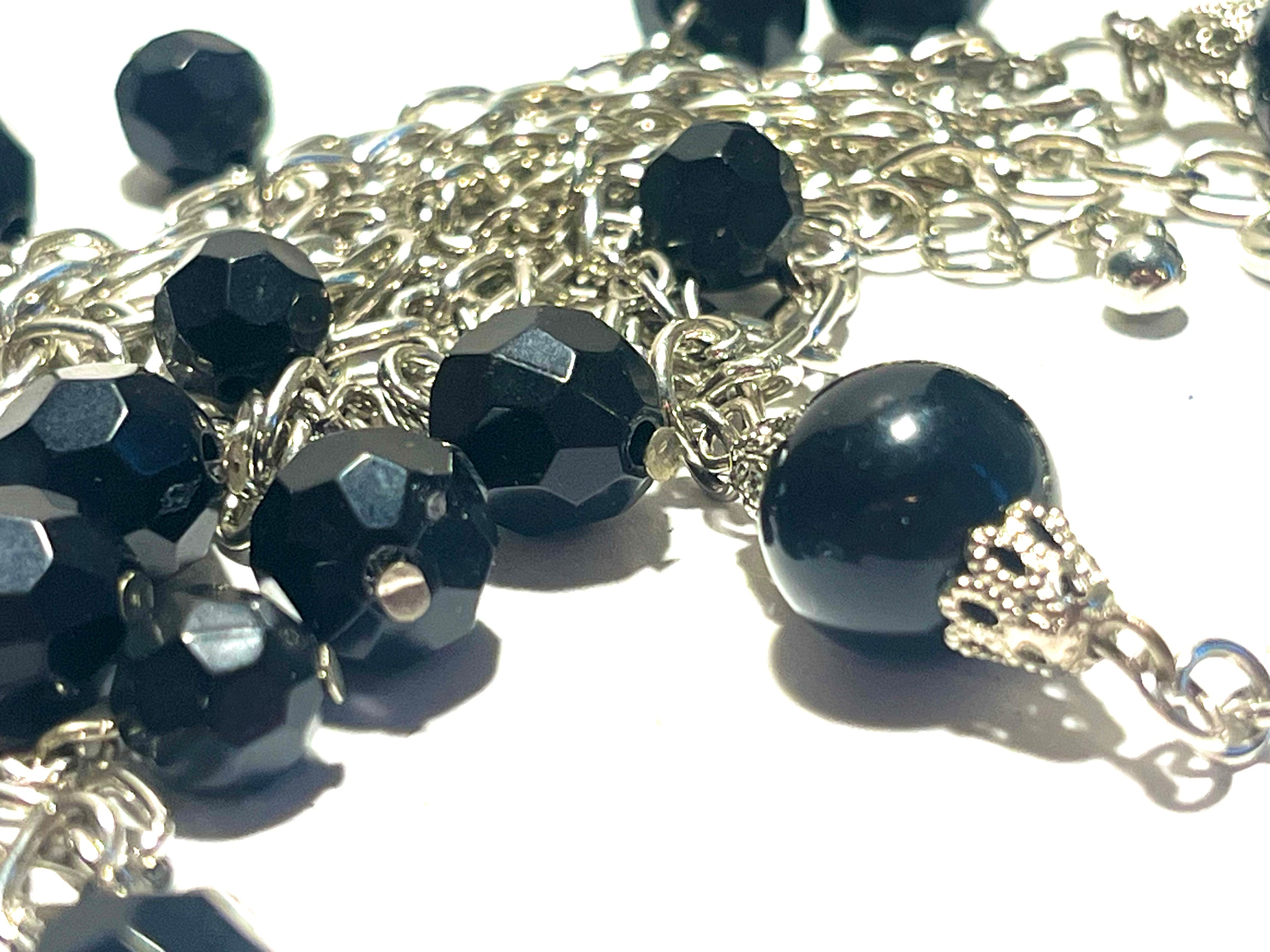 Vintage Black Faceted Bead Necklace & Matching Bracelet Set Silver Tone Multi-Strand Dangle Statement Jewelry