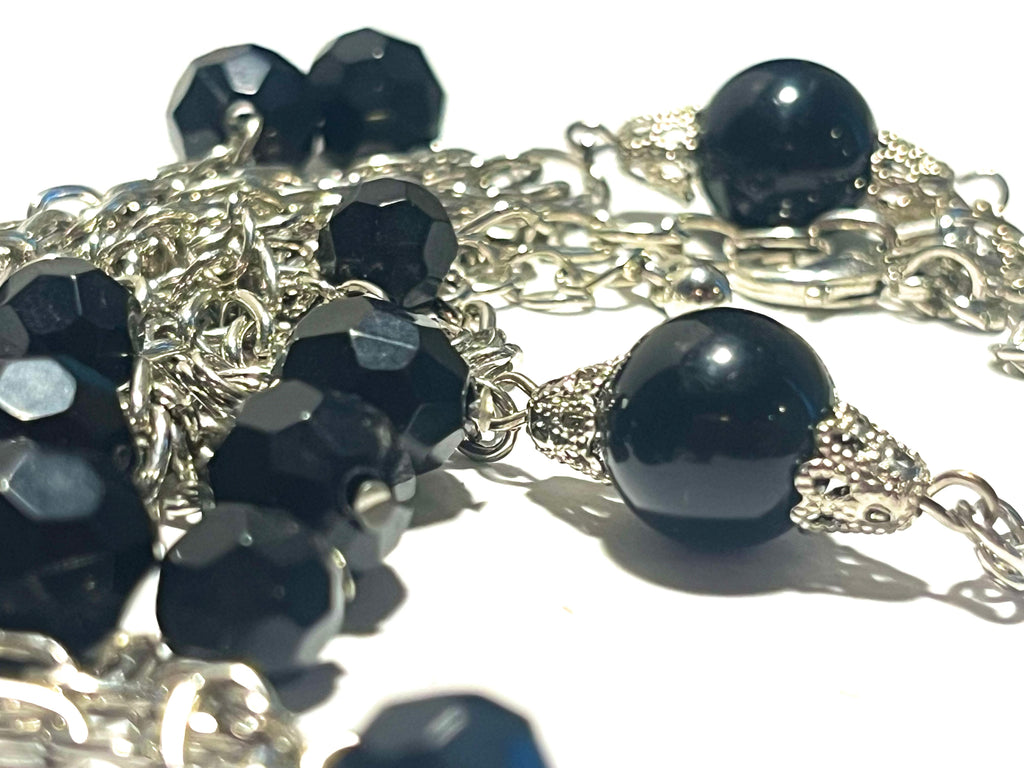 Vintage Black Faceted Bead Necklace & Matching Bracelet Set Silver Tone Multi-Strand Dangle Statement Jewelry
