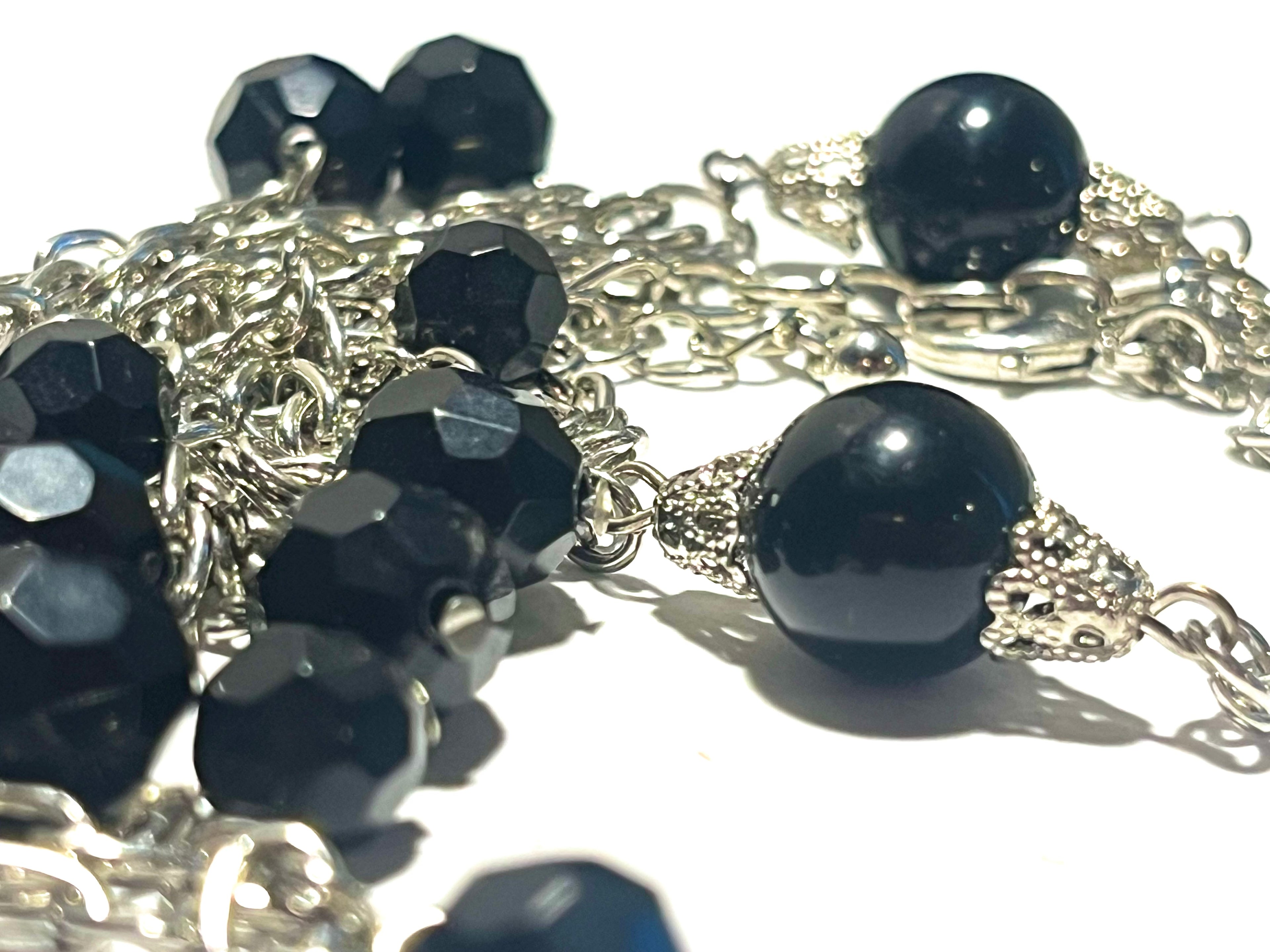 Vintage Black Faceted Bead Necklace & Matching Bracelet Set Silver Tone Multi-Strand Dangle Statement Jewelry