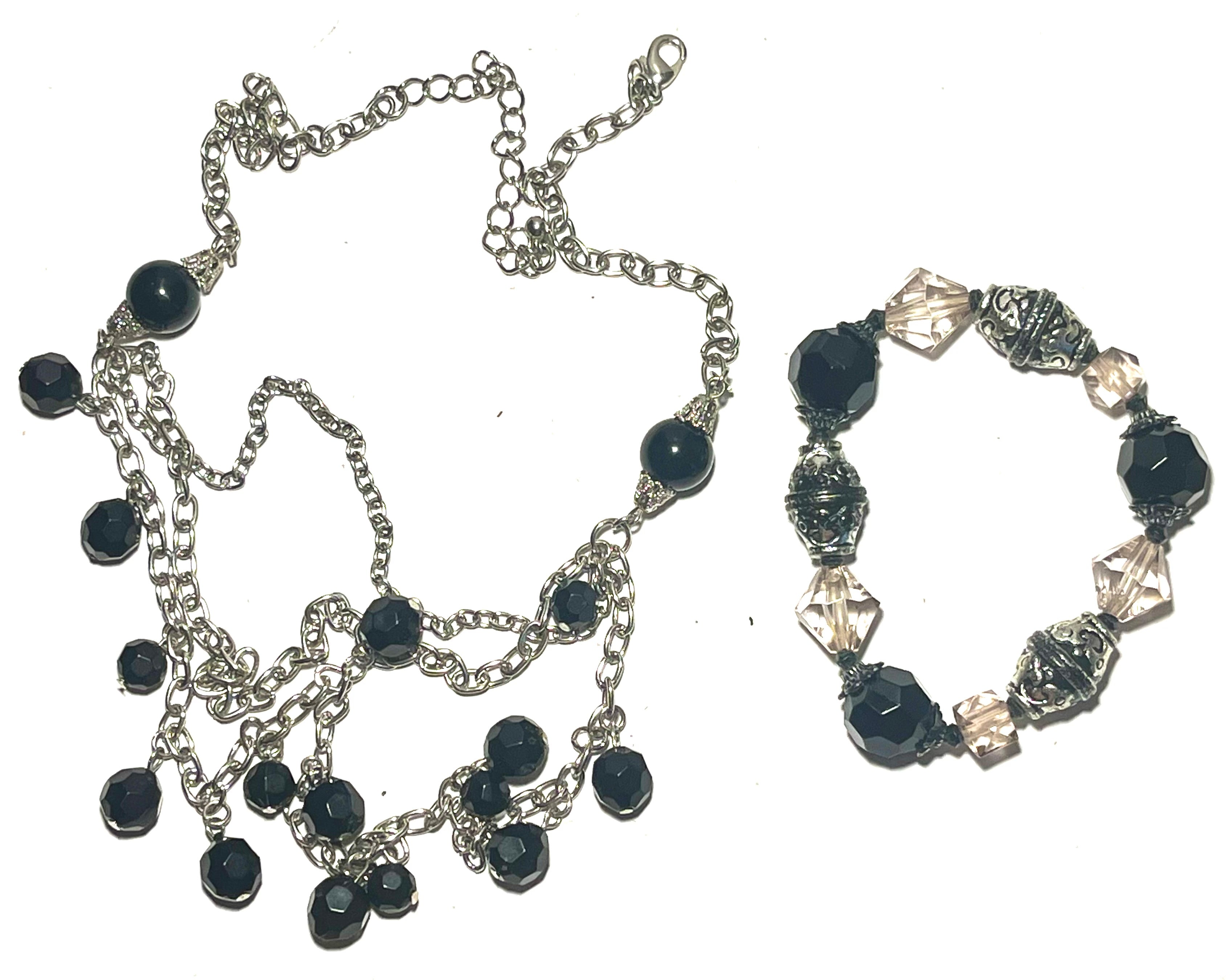 Vintage Black Faceted Bead Necklace & Matching Bracelet Set Silver Tone Multi-Strand Dangle Statement Jewelry