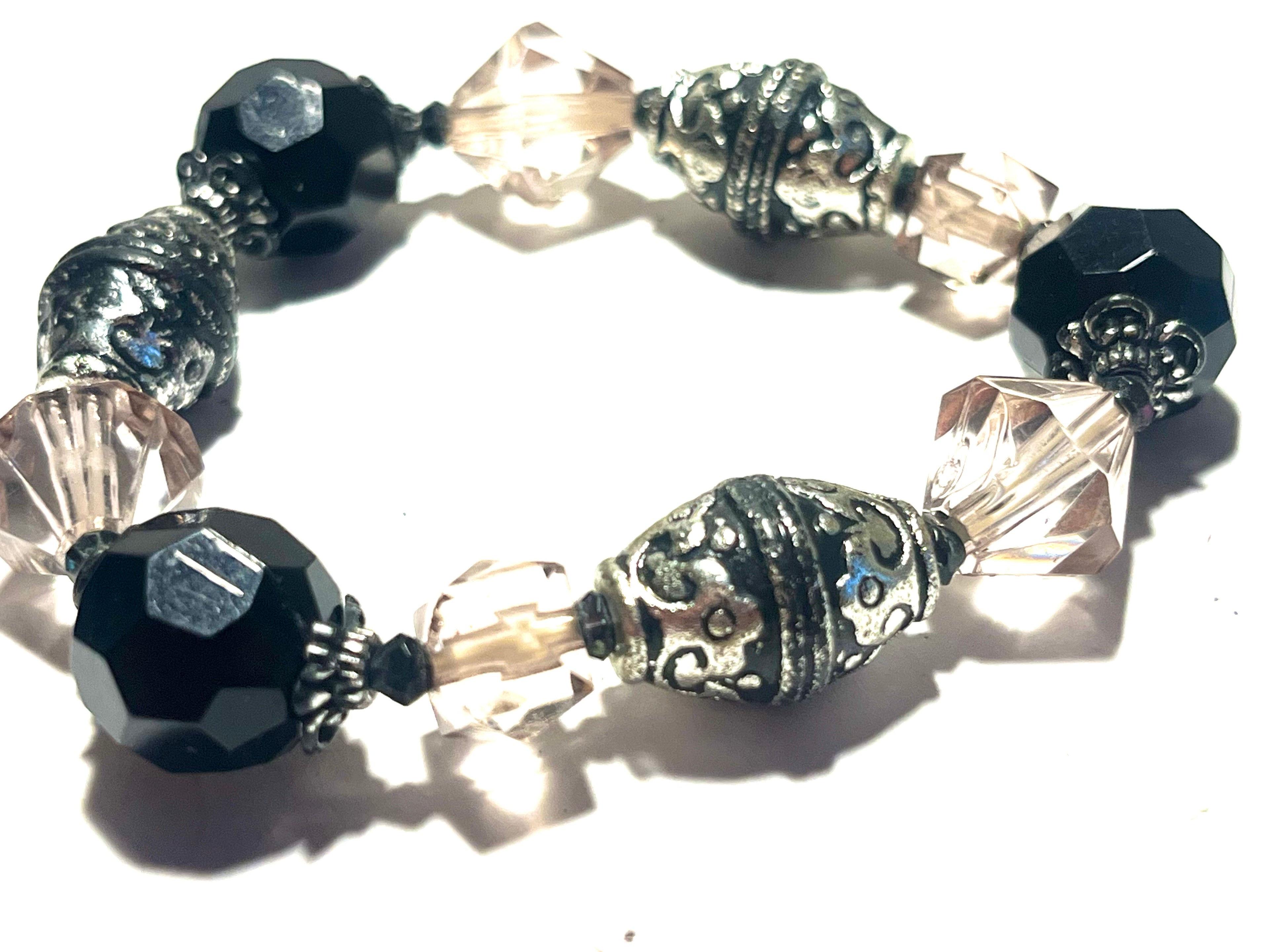 Vintage Black Faceted Bead Necklace & Matching Bracelet Set Silver Tone Multi-Strand Dangle Statement Jewelry