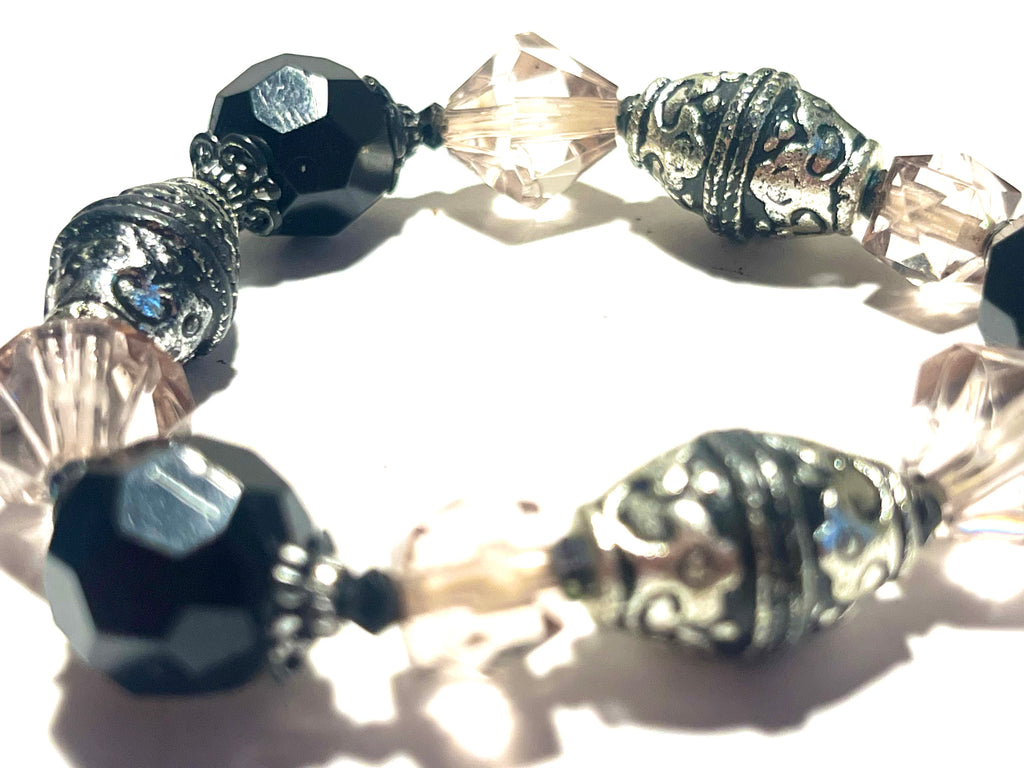 Vintage Black Faceted Bead Necklace & Matching Bracelet Set Silver Tone Multi-Strand Dangle Statement Jewelry
