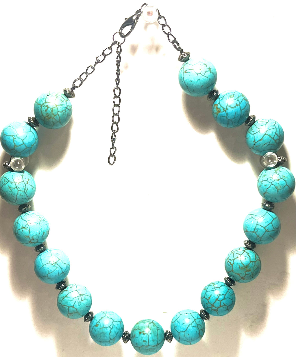 Chunky Turquoise Look Statement Necklace Large Round Beads Gunmetal Spacer Accent Adjustable”