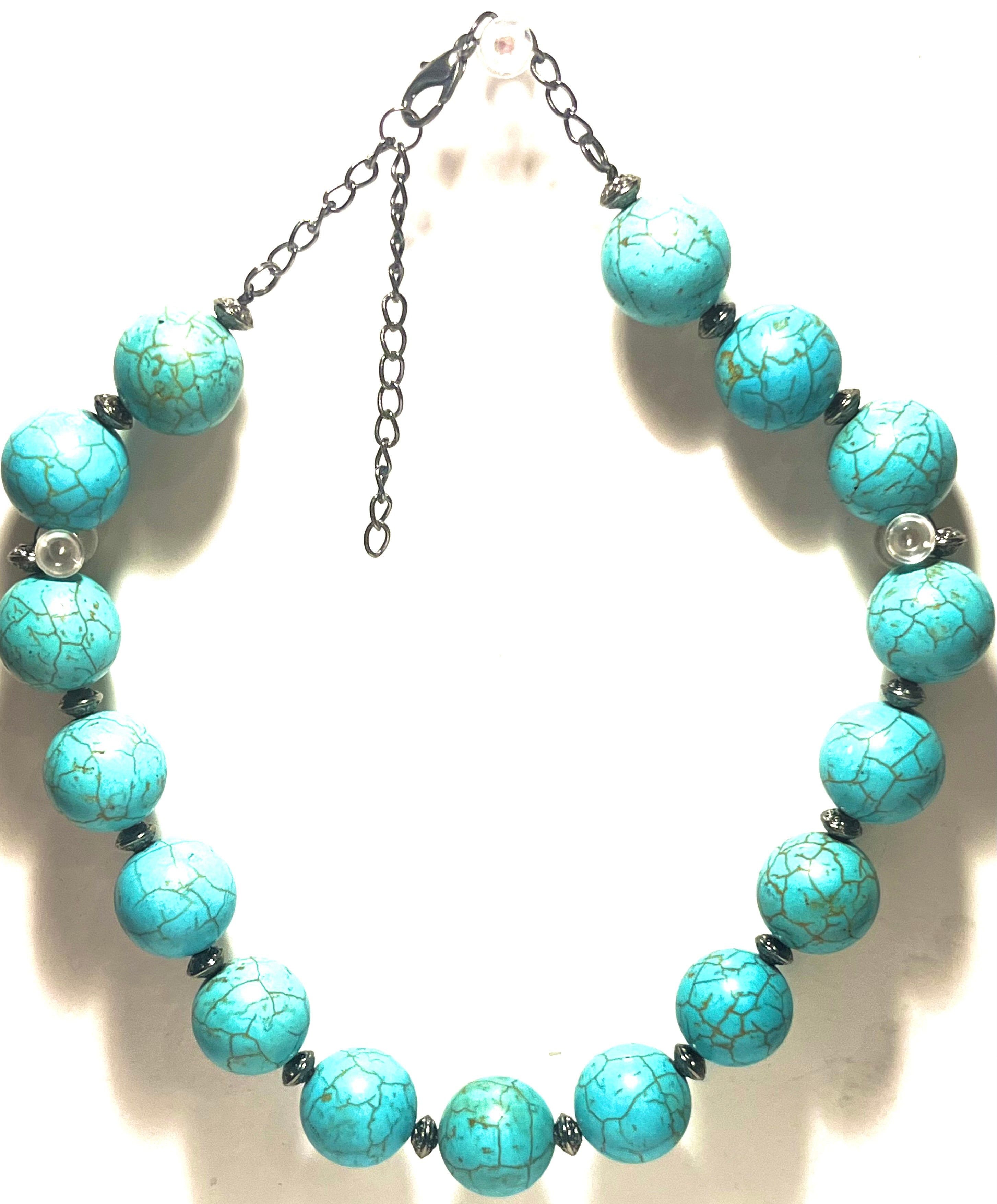 Chunky Turquoise Look Statement Necklace Large Round Beads Gunmetal Spacer Accent Adjustable”