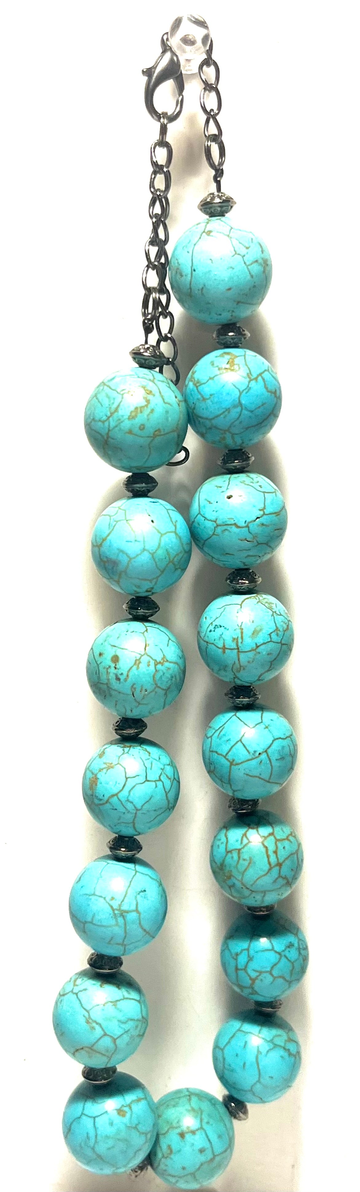 Chunky Turquoise Look Statement Necklace Large Round Beads Gunmetal Spacer Accent Adjustable”