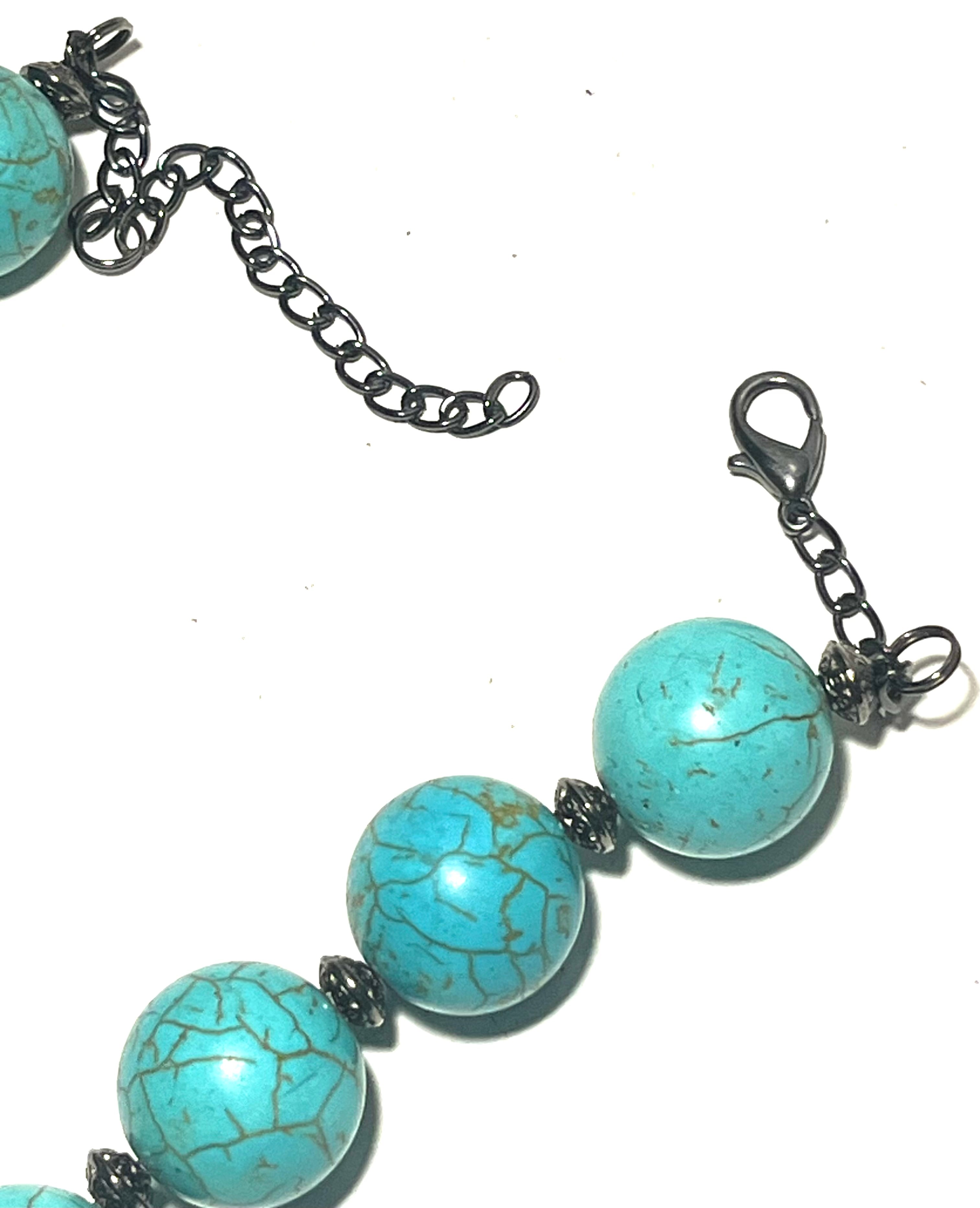 Chunky Turquoise Look Statement Necklace Large Round Beads Gunmetal Spacer Accent Adjustable”