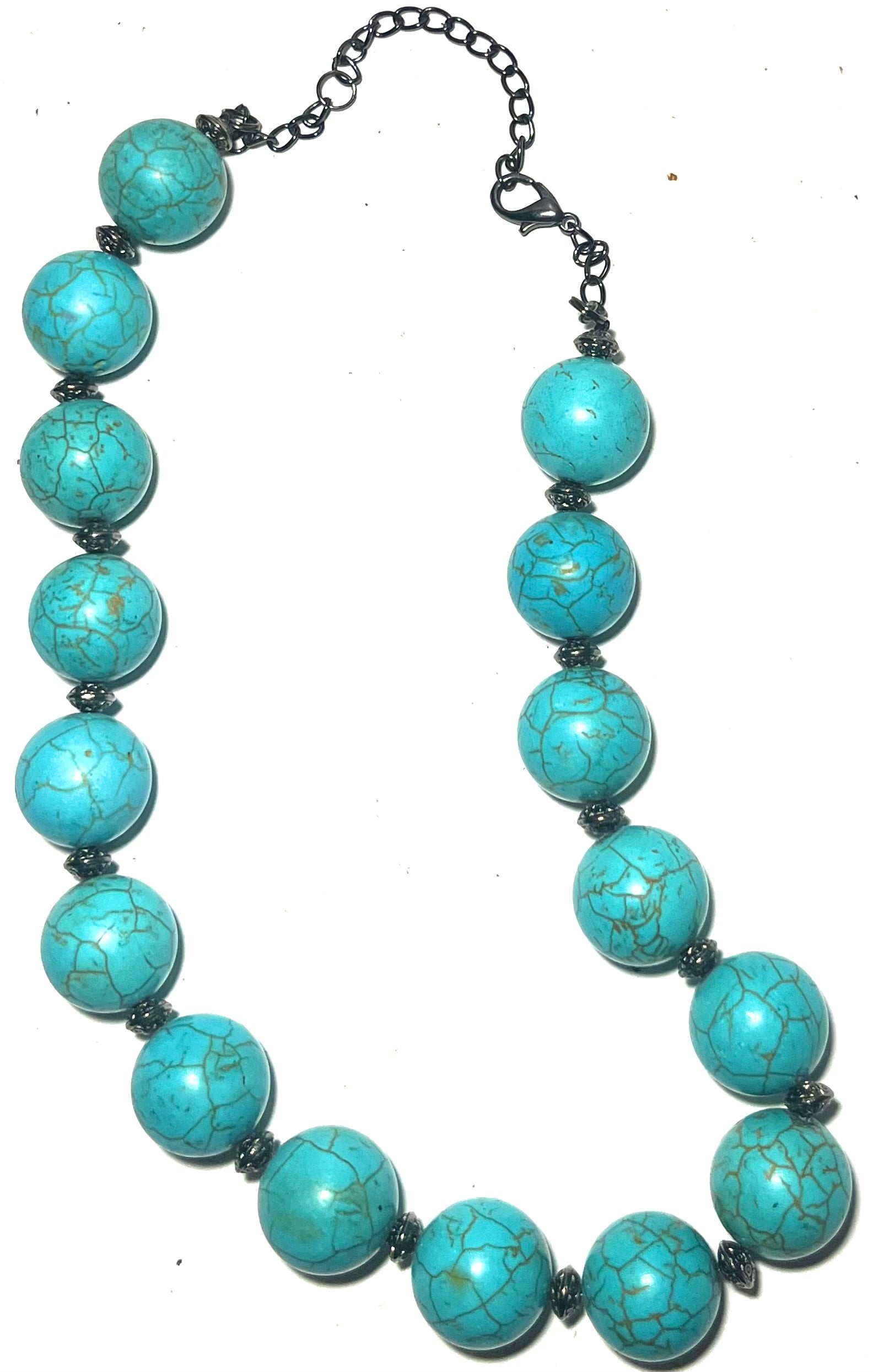 Chunky Turquoise Look Statement Necklace Large Round Beads Gunmetal Spacer Accent Adjustable”